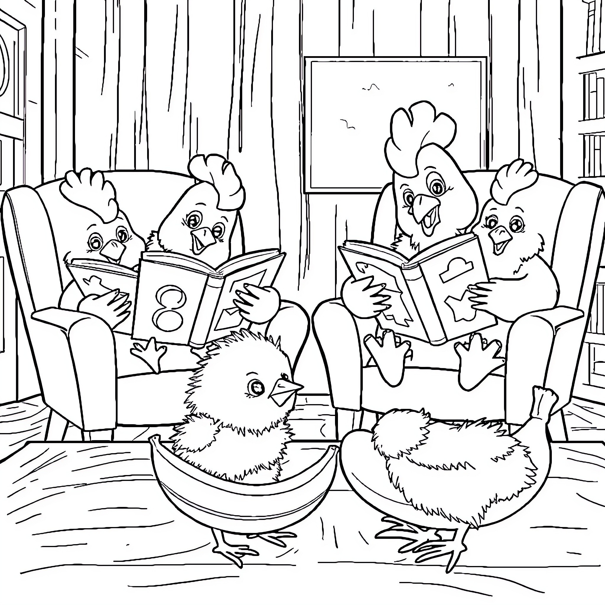 Chicken family reading books together in cozy home Coloring Page (free black-and-white line drawing printable PDF for all, from beginners to advanced learners, including children, teens, adults, and seniors)