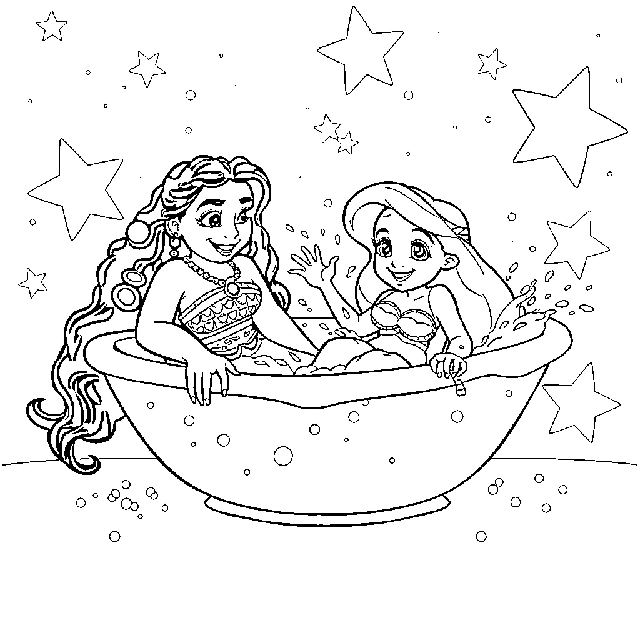 Moana and Ariel in a magical boat under the starry sky Coloring Page (free black-and-white line drawing printable PDF for all, from beginners to advanced learners, including children, teens, adults, and seniors)