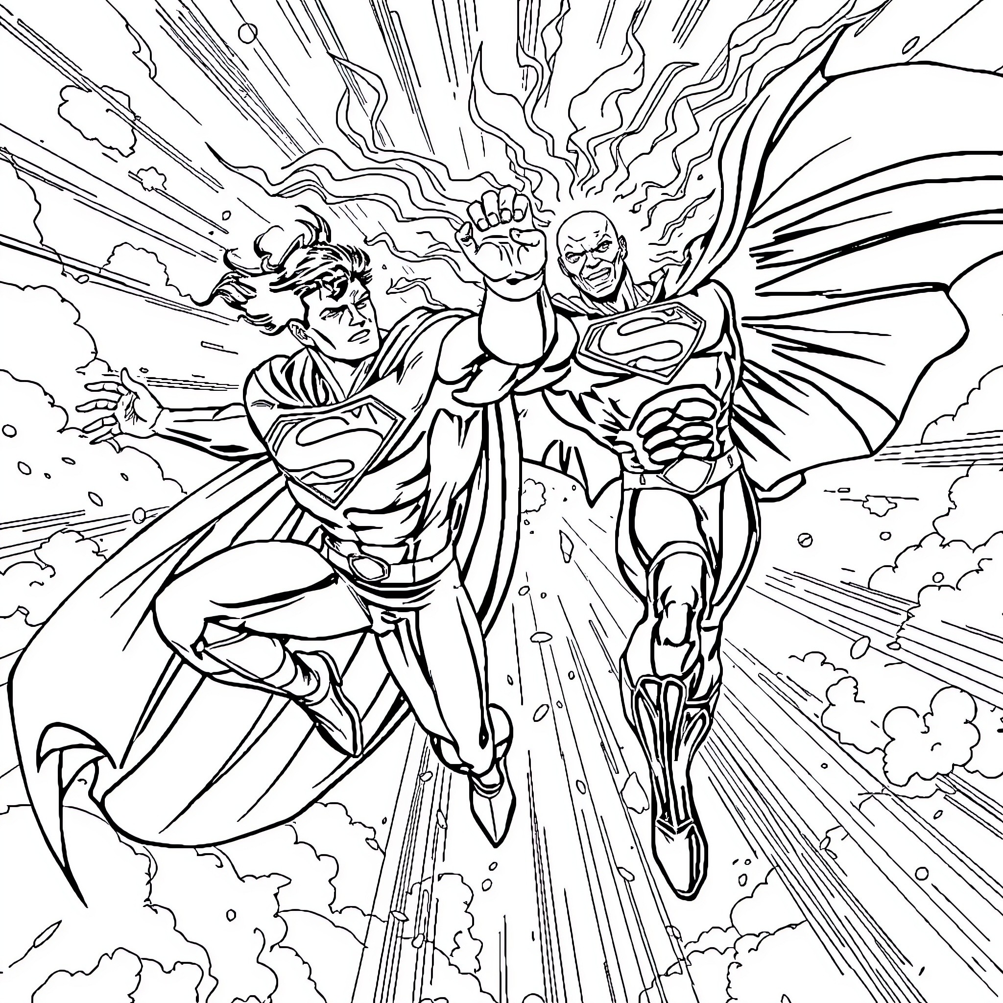 Superman heroic action against villains Coloring Page (free black-and-white line drawing printable PDF for all, from beginners to advanced learners, including children, teens, adults, and seniors)