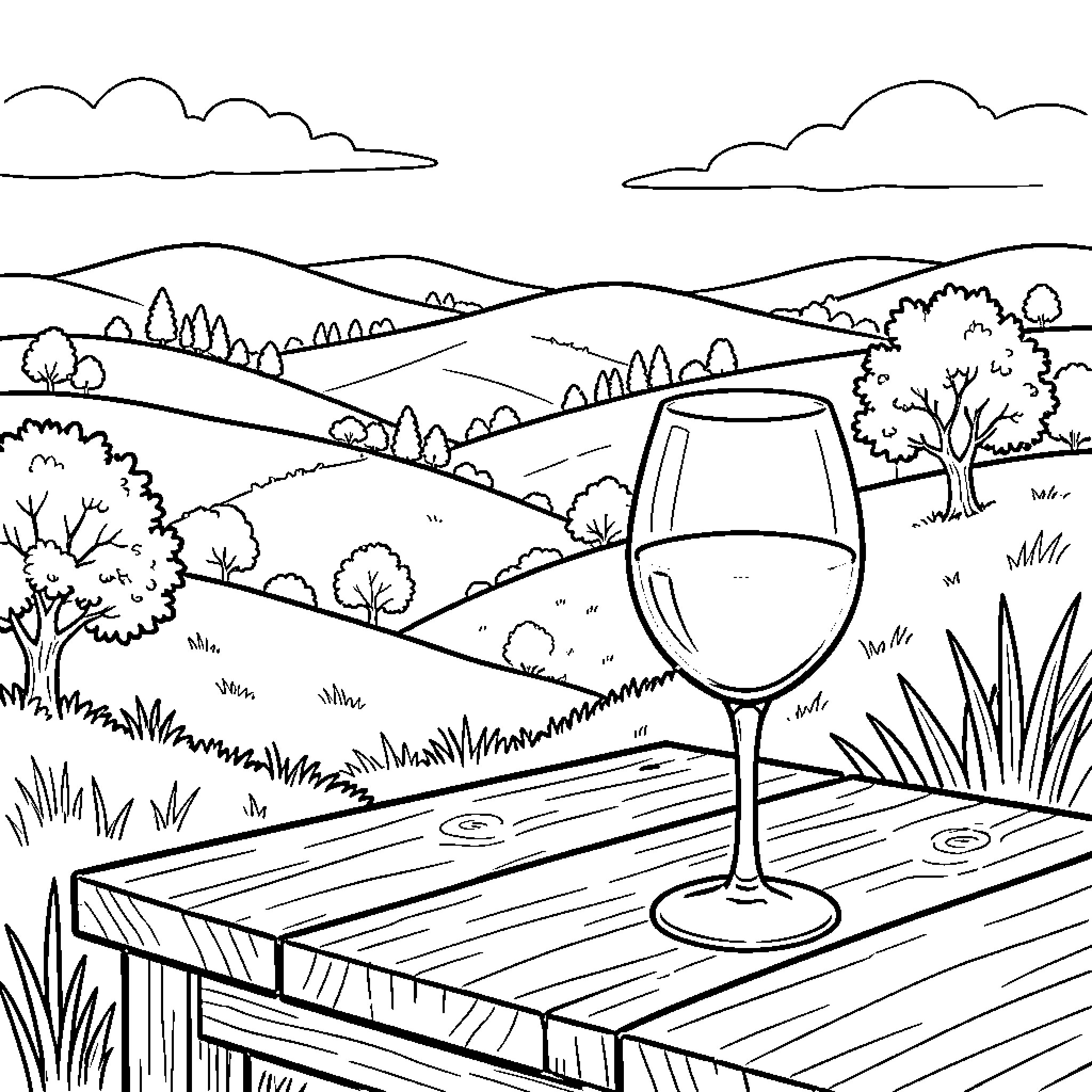 Wine Tasting in the Countryside Coloring Page (free black-and-white line drawing printable PDF for all, from beginners to advanced learners, including children, teens, adults, and seniors)