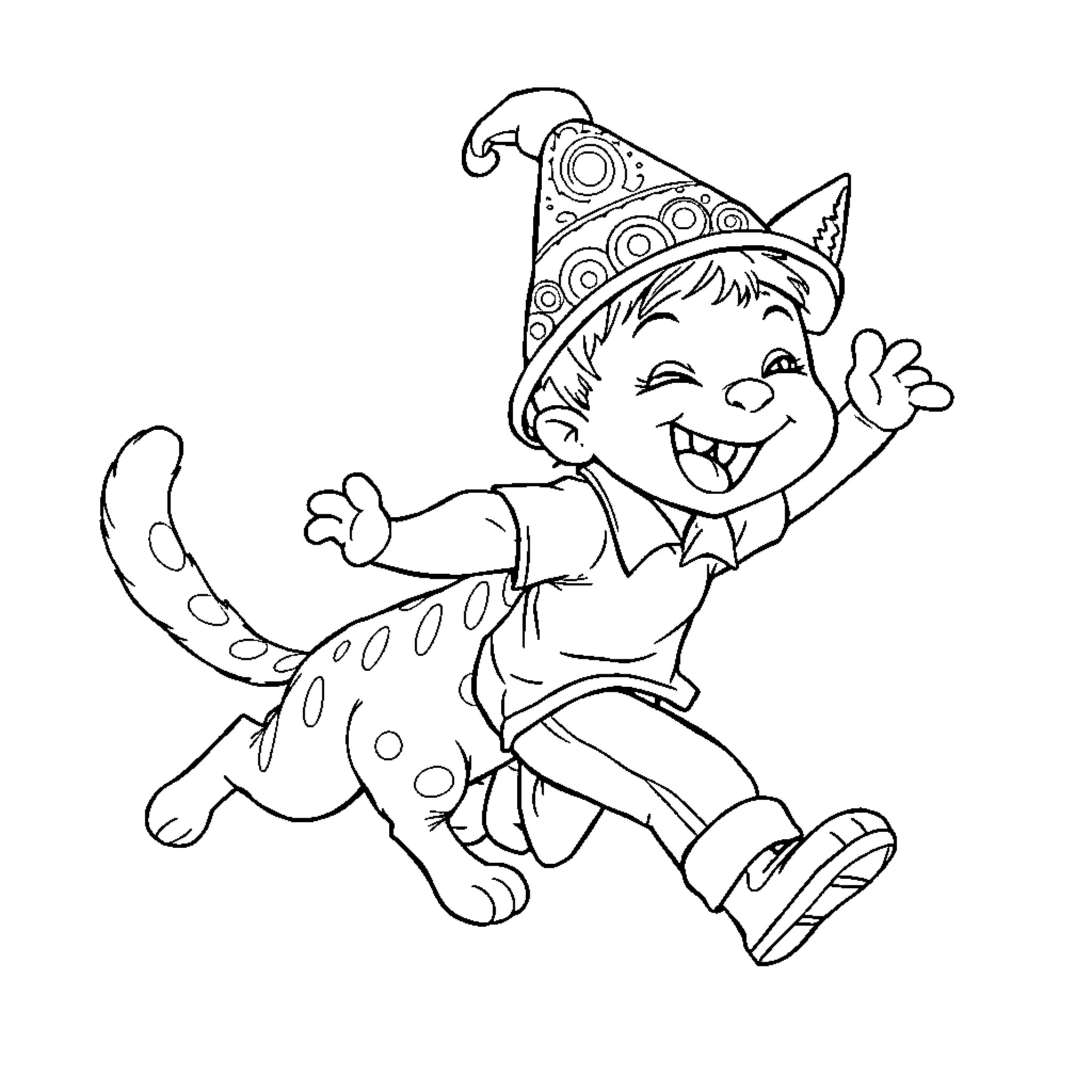 Cat wearing festive hat playing joyfully Coloring Page (free black-and-white line drawing printable PDF for all, from beginners to advanced learners, including children, teens, adults, and seniors)