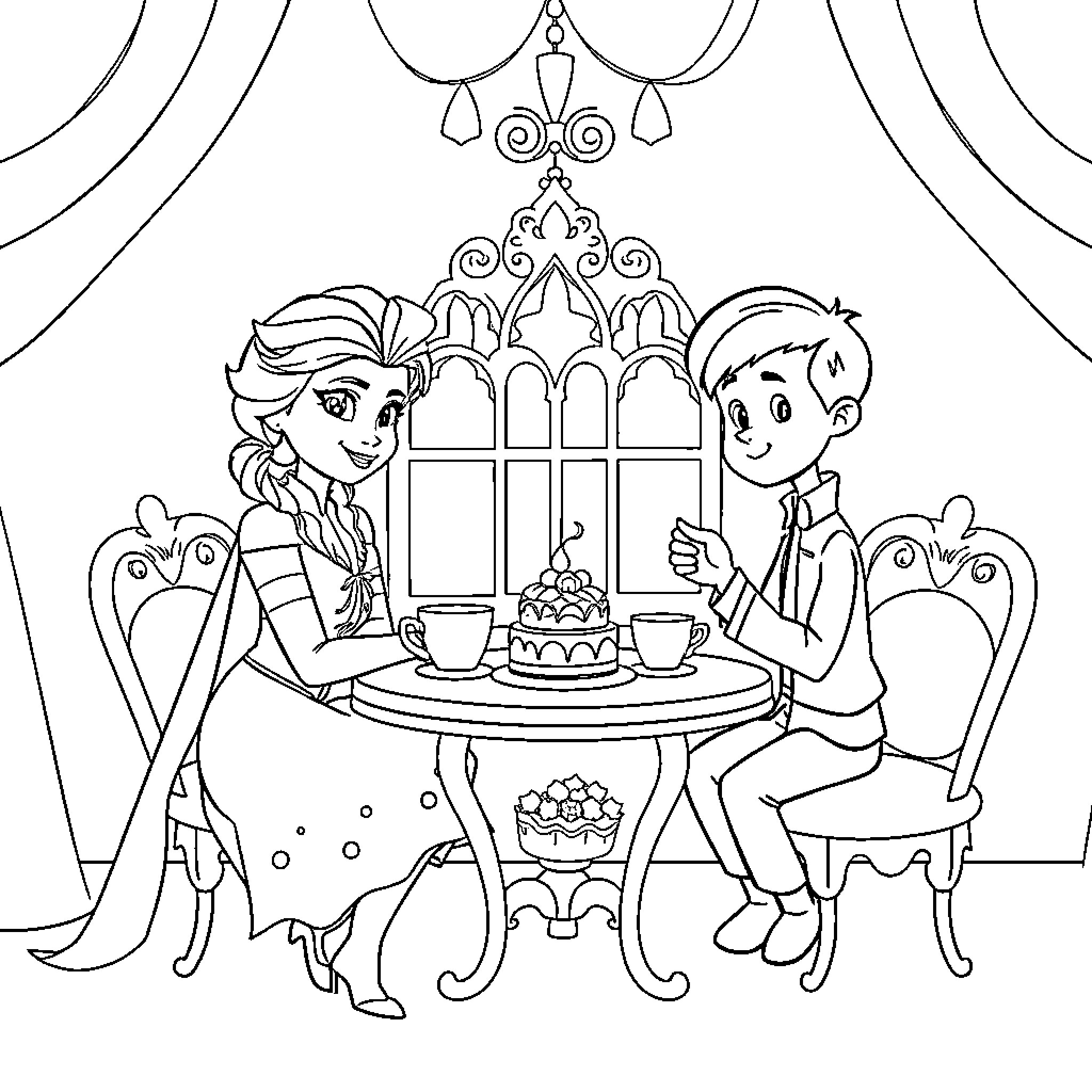 Elsa and Hans enjoy tea party in castle Coloring Page (free black-and-white line drawing printable PDF for all, from beginners to advanced learners, including children, teens, adults, and seniors)