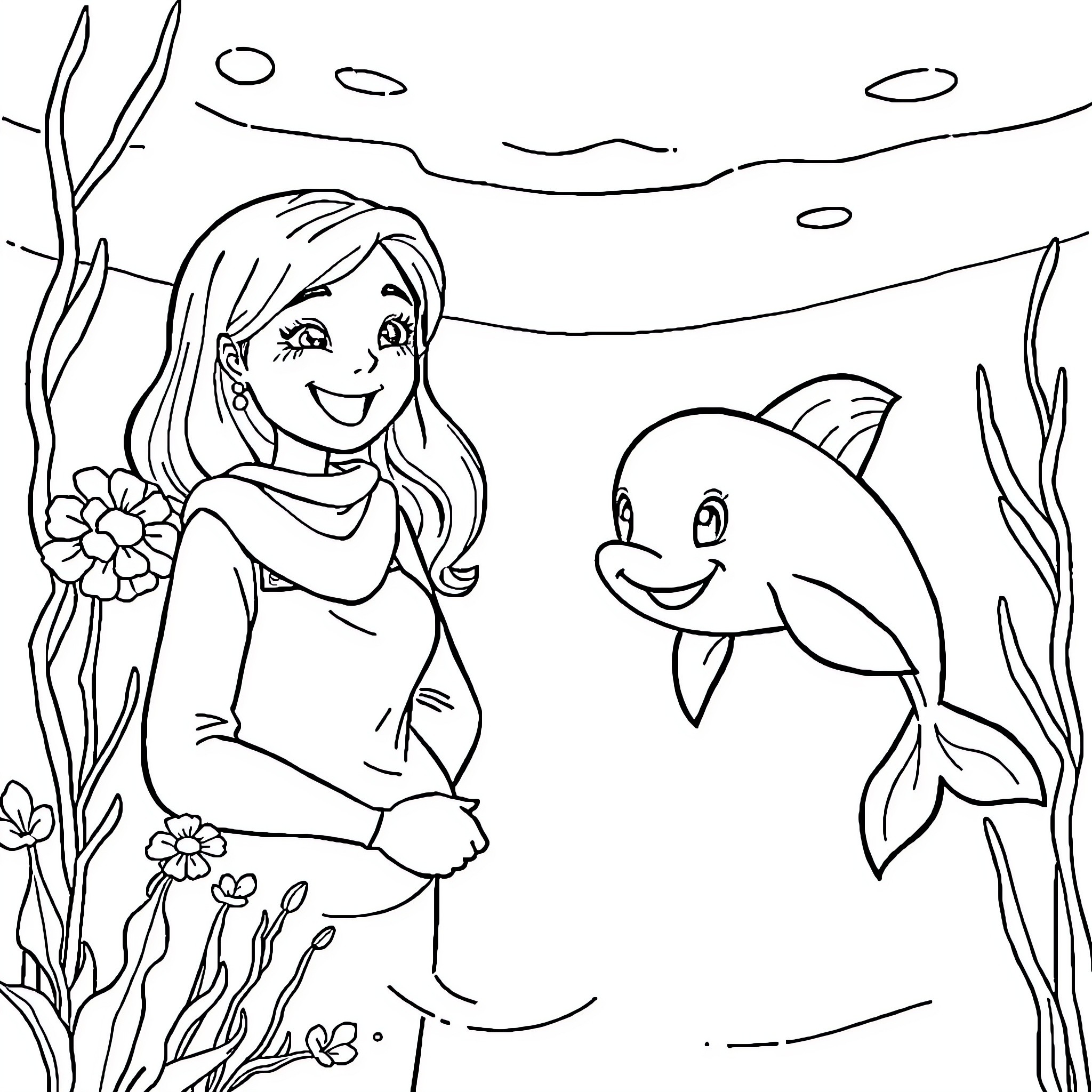 Dolphin and Girl Enjoying Underwater Adventure Coloring Page (free black-and-white line drawing printable PDF for all, from beginners to advanced learners, including children, teens, adults, and seniors)