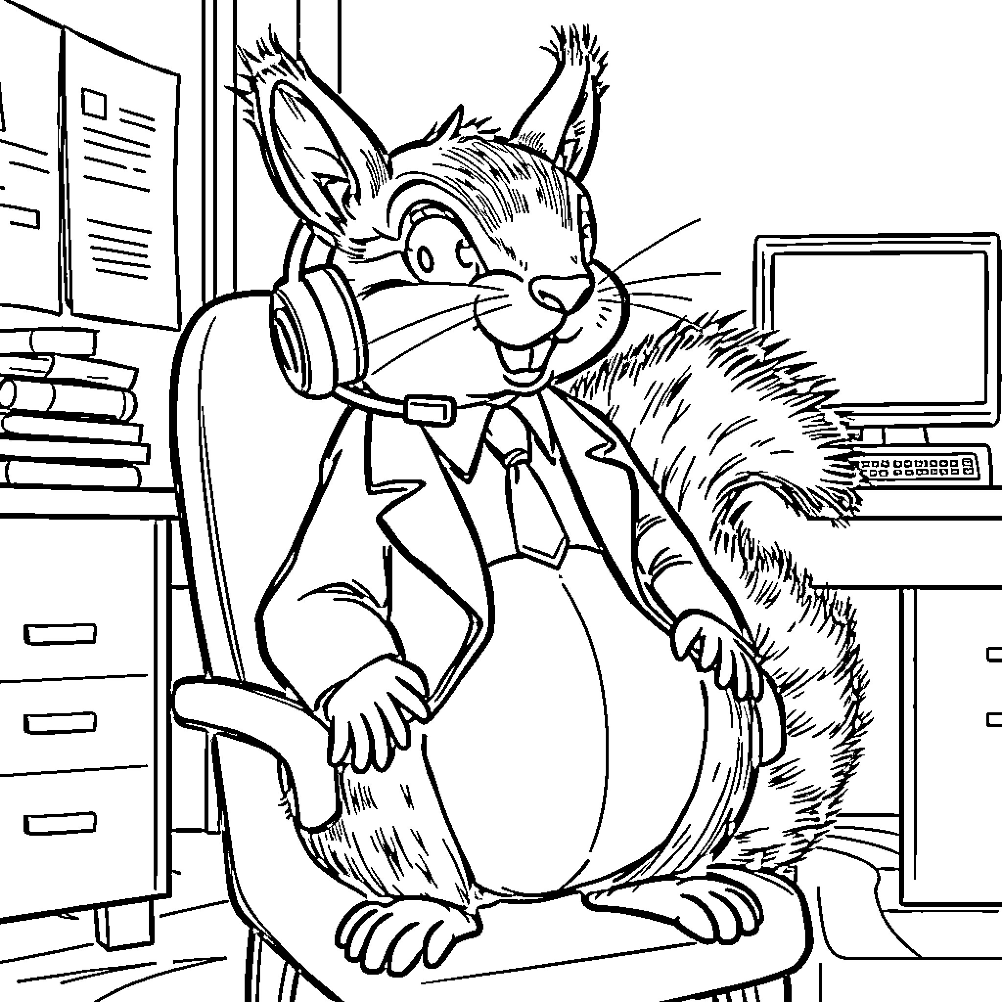 Squirrel working diligently at the computer Coloring Page (free black-and-white line drawing printable PDF for all, from beginners to advanced learners, including children, teens, adults, and seniors)