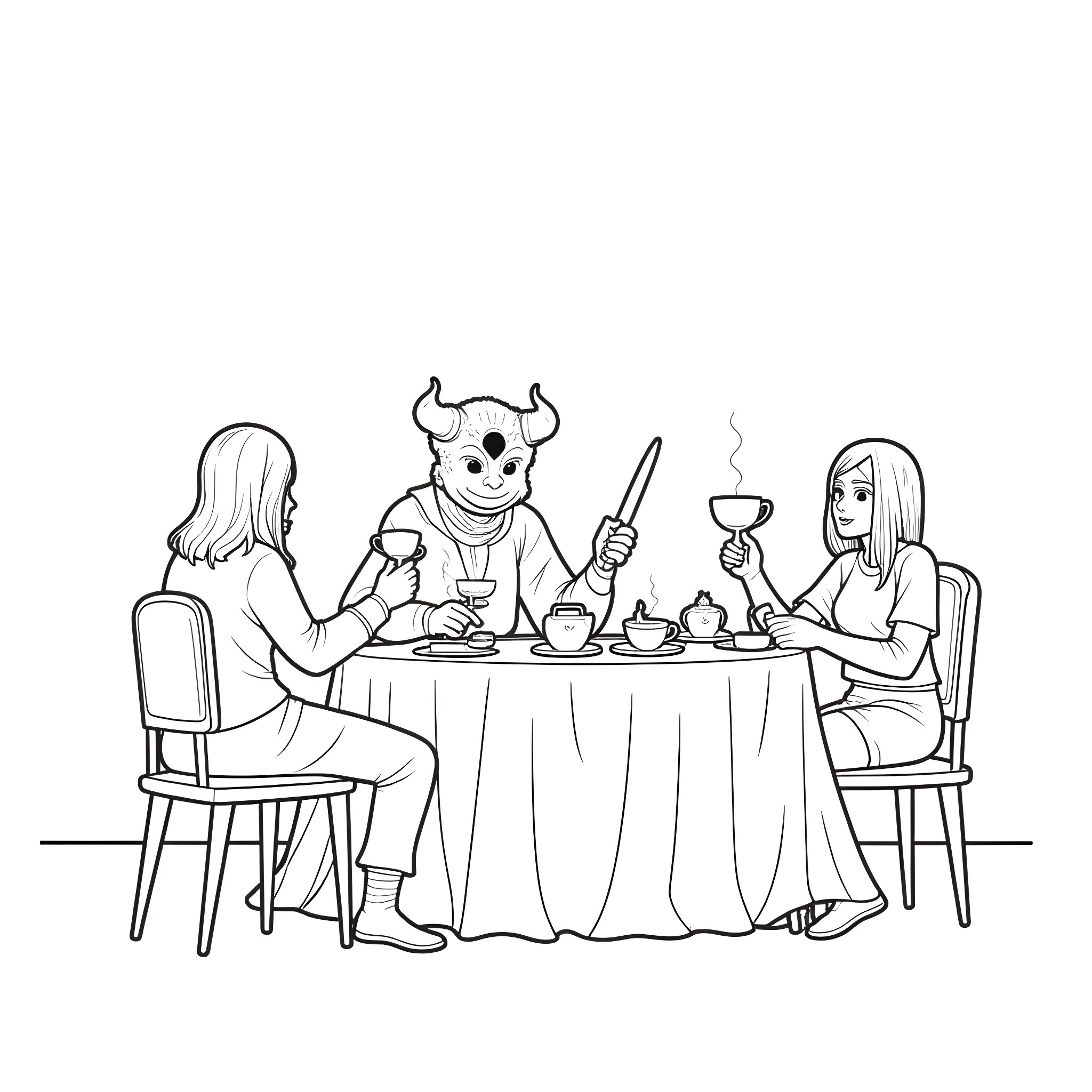 Demon Slayer characters enjoying a tea party Coloring Page (free black-and-white line drawing printable PDF for all, from beginners to advanced learners, including children, teens, adults, and seniors)