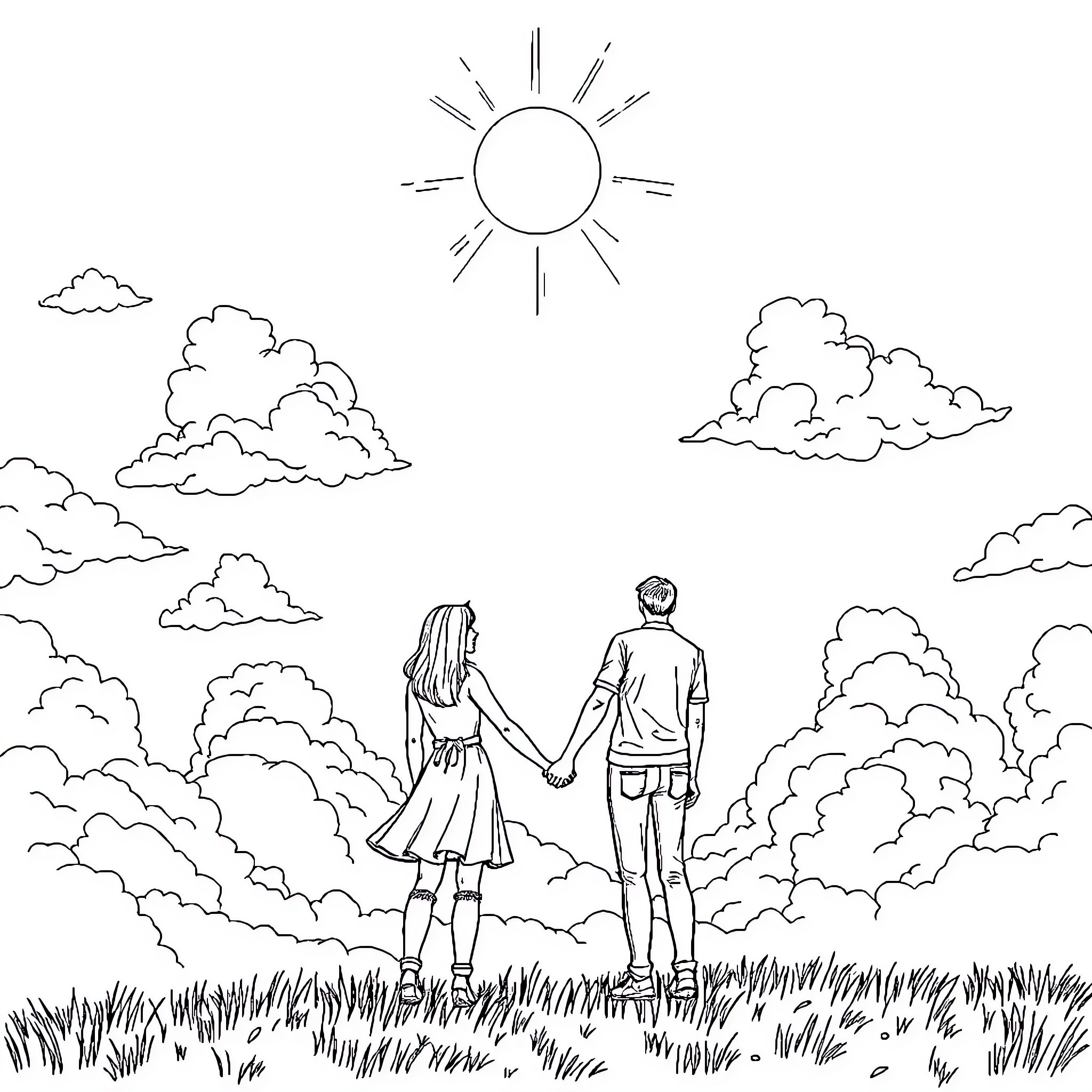 Love under the Radiant Sun Coloring Page (free black-and-white line drawing printable PDF for all, from beginners to advanced learners, including children, teens, adults, and seniors)