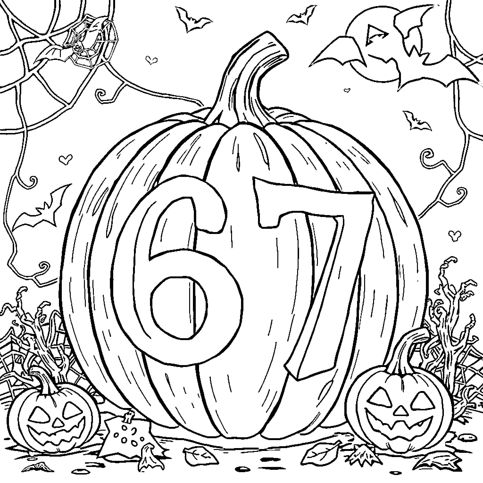 Pumpkin with Halloween numbers and bats Coloring Page (free black-and-white line drawing printable PDF for all, from beginners to advanced learners, including children, teens, adults, and seniors)