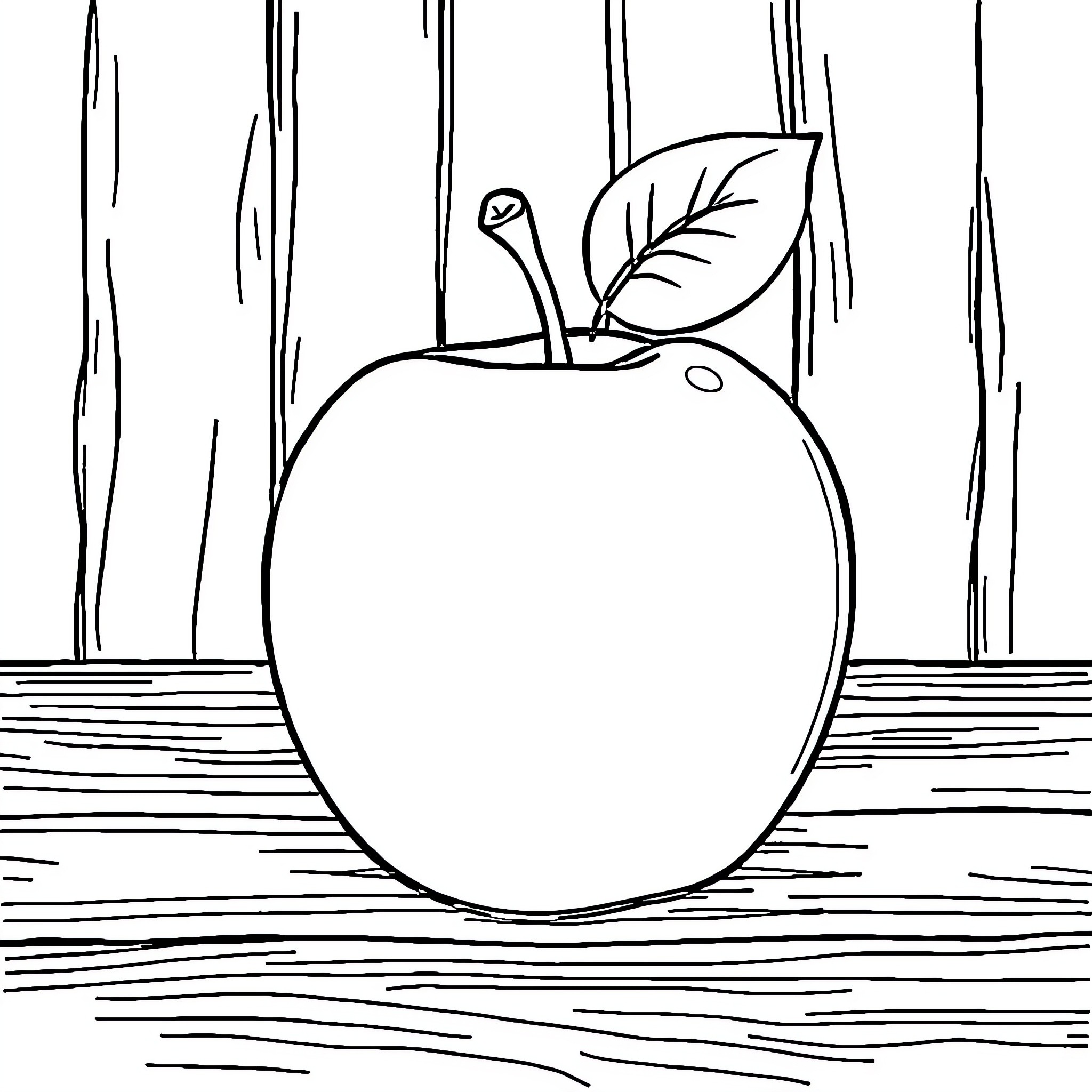 Apple in a Rustic Wooden Setting Coloring Page (free black-and-white line drawing printable PDF for all, from beginners to advanced learners, including children, teens, adults, and seniors)
