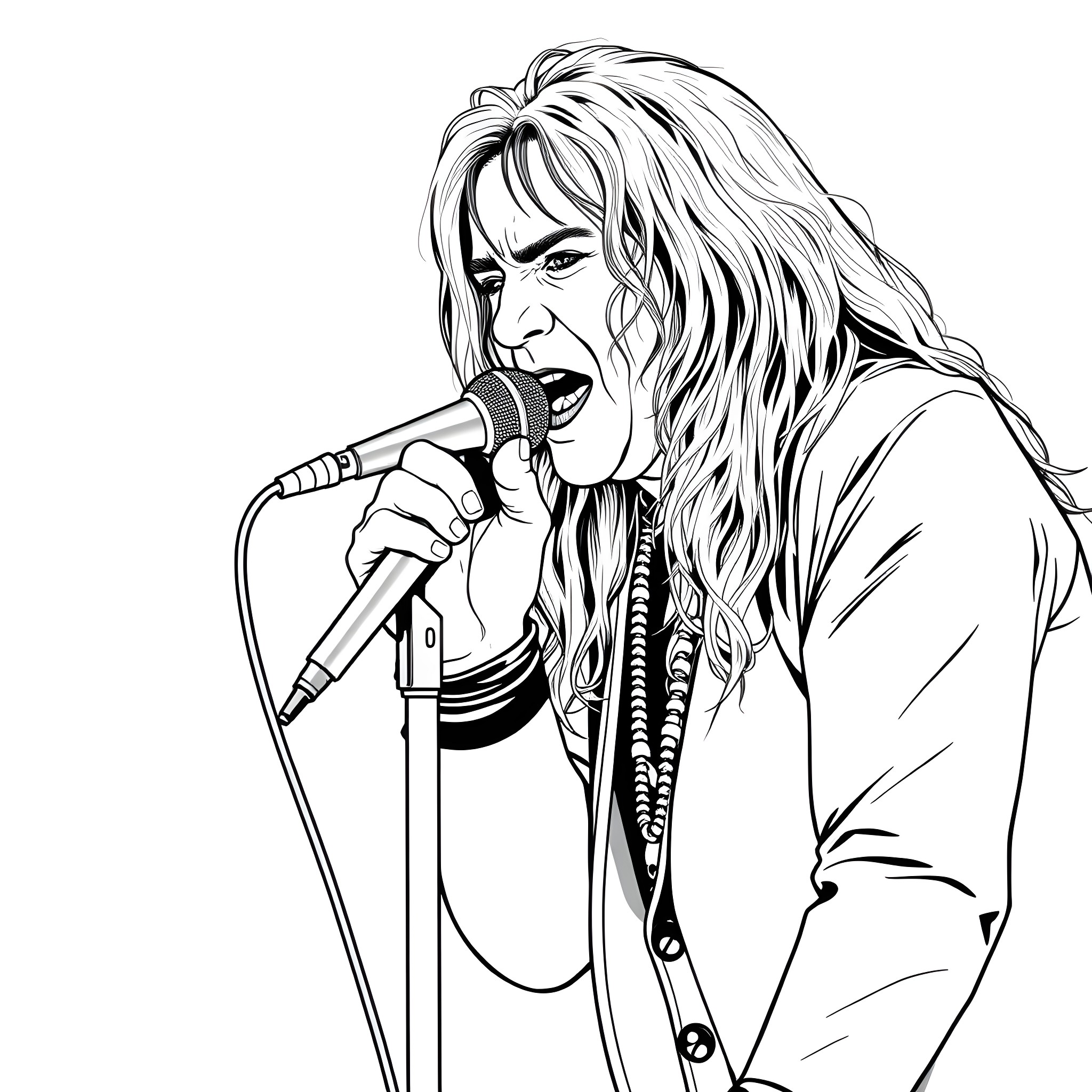 Ronnie James Dio performing on stage with microphone Coloring Page (free black-and-white line drawing printable PDF for all, from beginners to advanced learners, including children, teens, adults, and seniors)