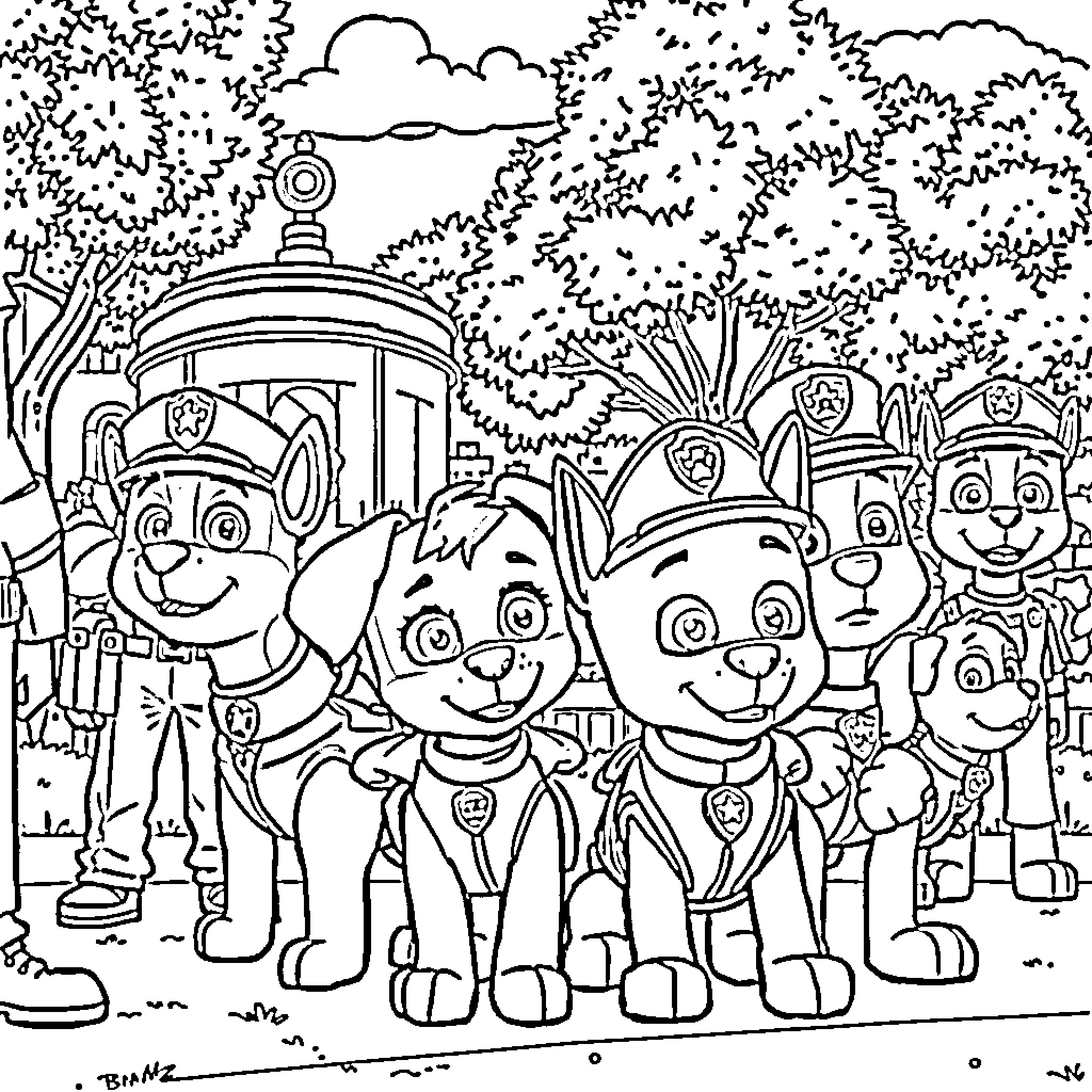Paw Patrol Characters on a Mission Coloring Page (free black-and-white line drawing printable PDF for all, from beginners to advanced learners, including children, teens, adults, and seniors)