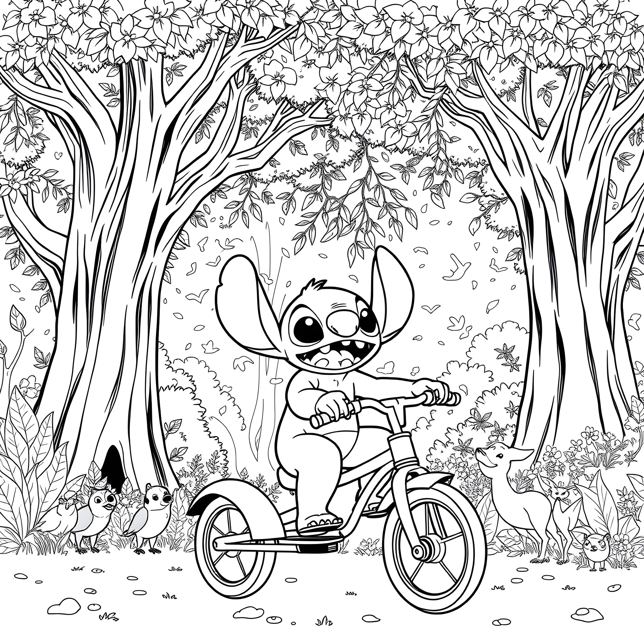Stitch riding a bicycle in a forest with flowers Coloring Page (free black-and-white line drawing printable PDF for all, from beginners to advanced learners, including children, teens, adults, and seniors)