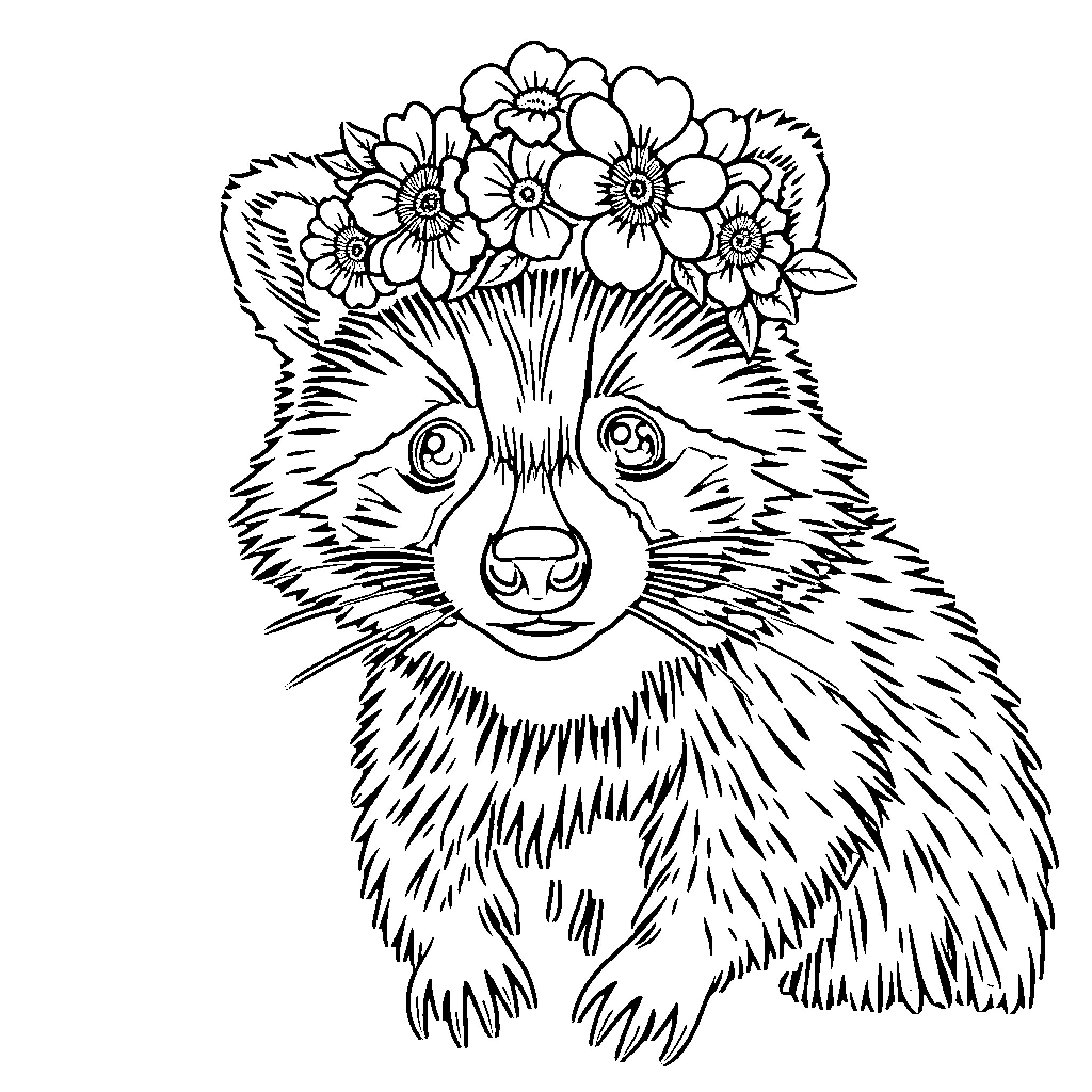 Raccoon wearing a floral crown Coloring Page (free black-and-white line drawing printable PDF for all, from beginners to advanced learners, including children, teens, adults, and seniors)