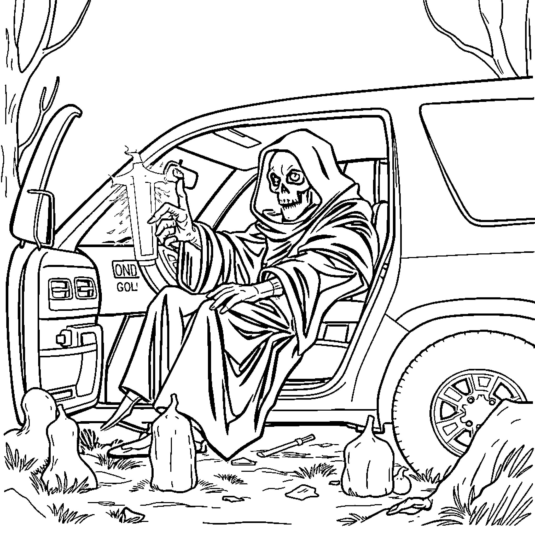 Grim Reaper hitching a ride in the countryside Coloring Page (free black-and-white line drawing printable PDF for all, from beginners to advanced learners, including children, teens, adults, and seniors)