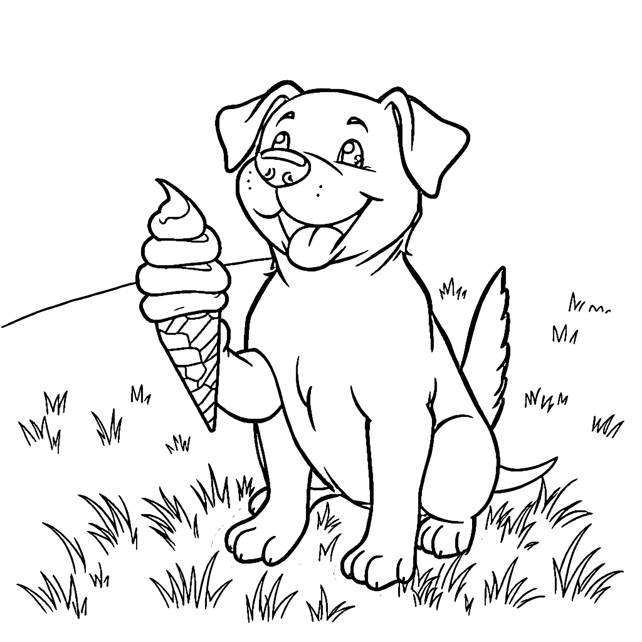 Dog enjoying an ice cream cone in the park Coloring Page (free black-and-white line drawing printable PDF for all, from beginners to advanced learners, including children, teens, adults, and seniors)