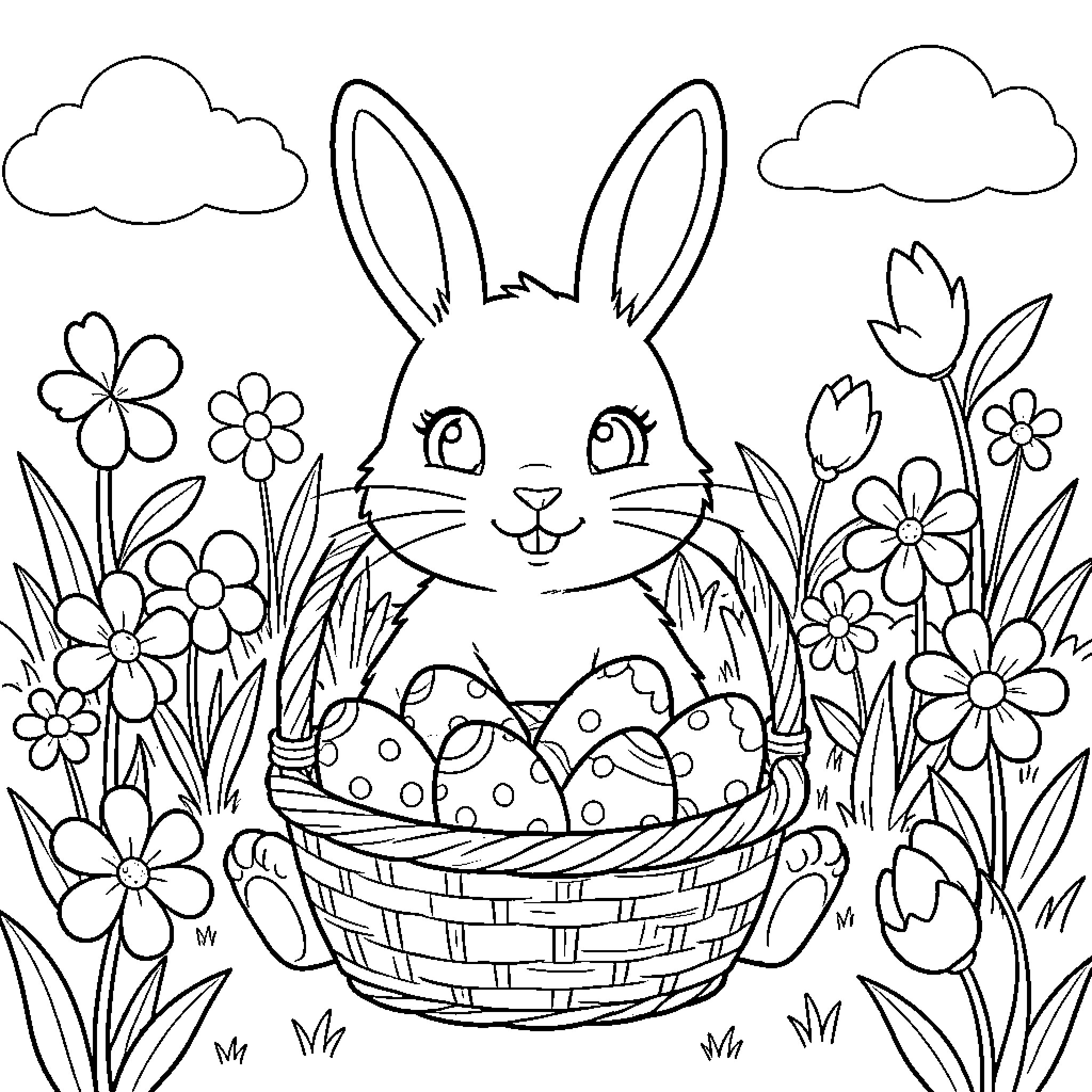 Bunny Happily Carrying Basket of Decorated Eggs in Springtime Meadow Coloring Page (free black-and-white line drawing printable PDF for all, from beginners to advanced learners, including children, teens, adults, and seniors)