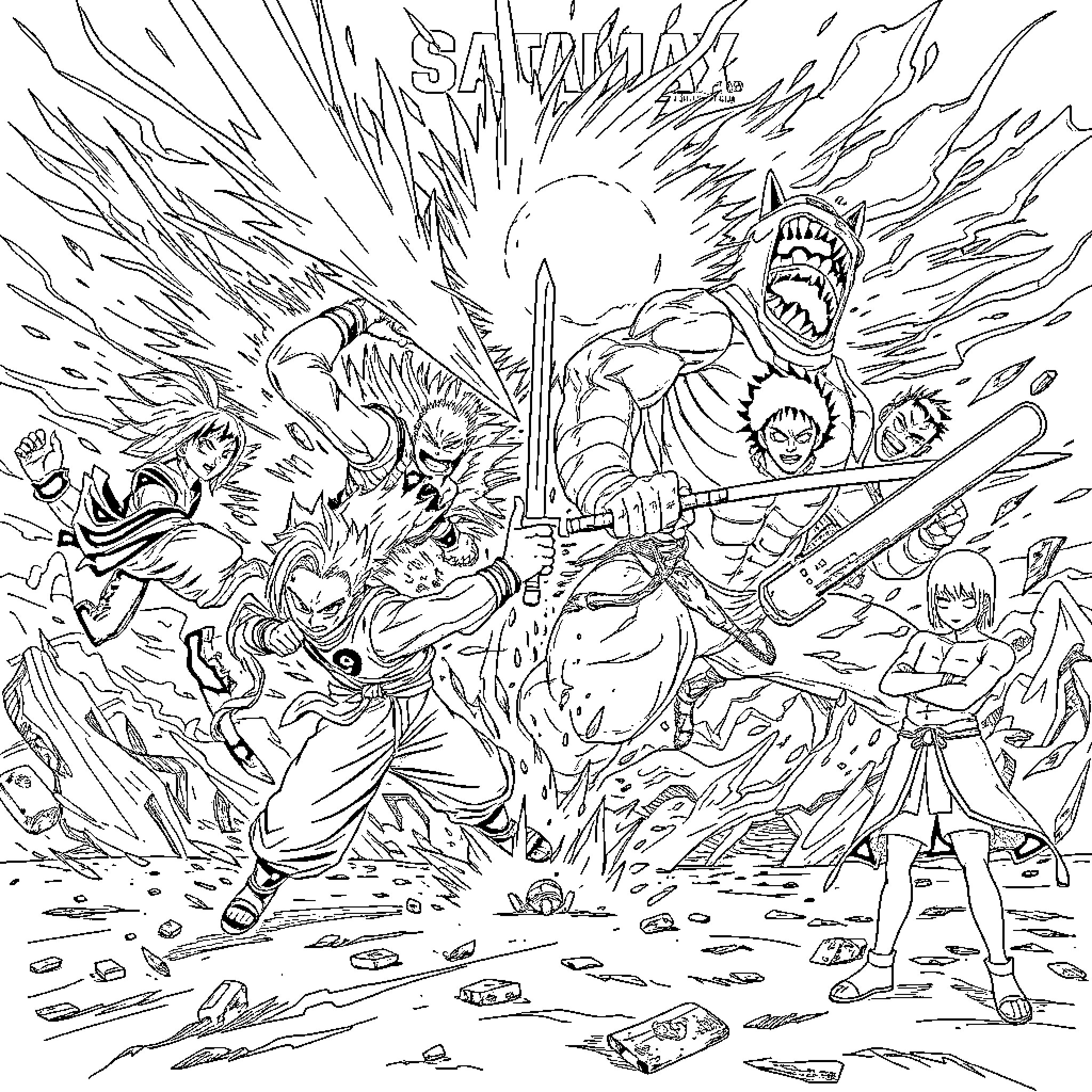 Anime Characters in Intense Battle with Monsters Coloring Page (free black-and-white line drawing printable PDF for all, from beginners to advanced learners, including children, teens, adults, and seniors)
