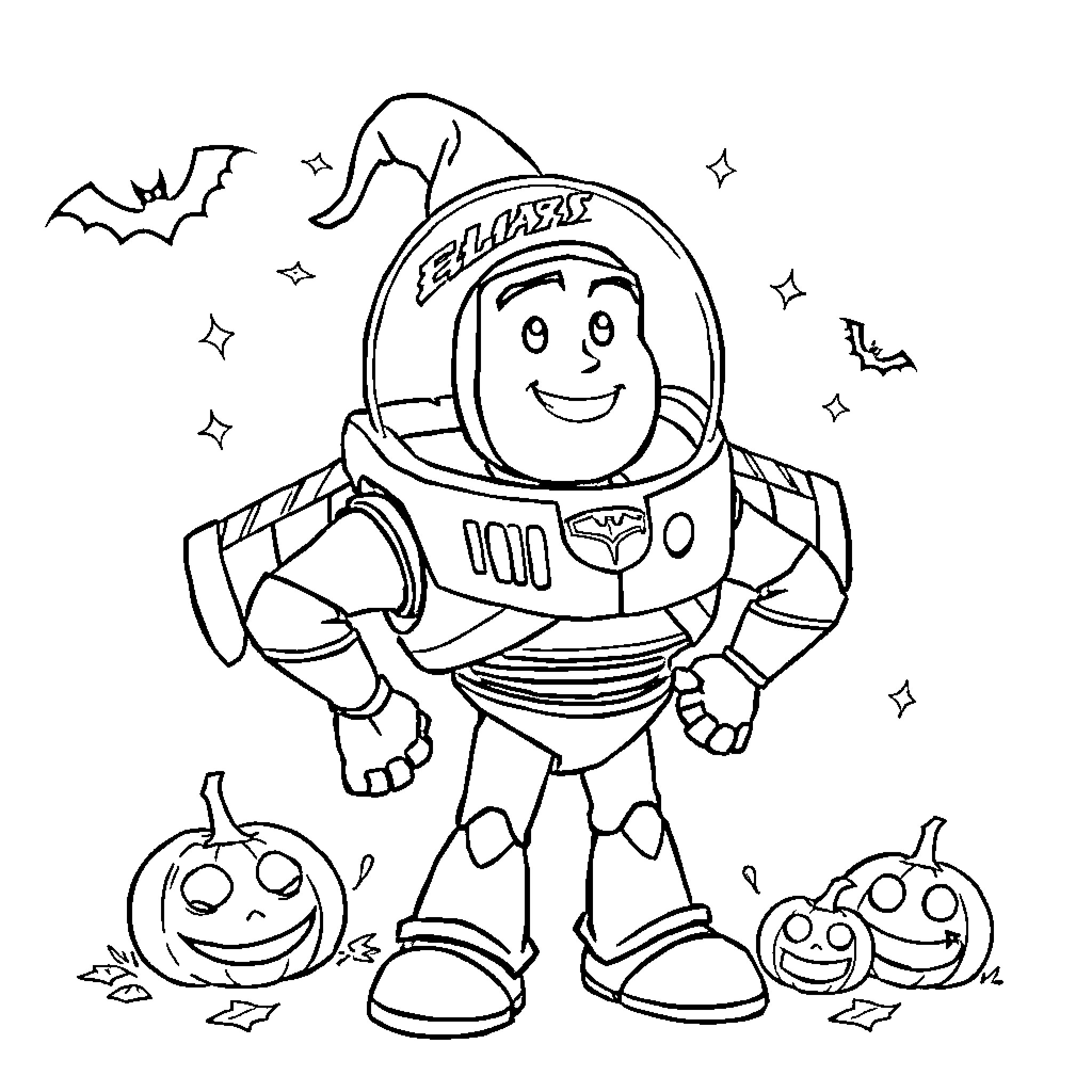 Buzz Lightyear celebrating Halloween with pumpkins Coloring Page (free black-and-white line drawing printable PDF for all, from beginners to advanced learners, including children, teens, adults, and seniors)
