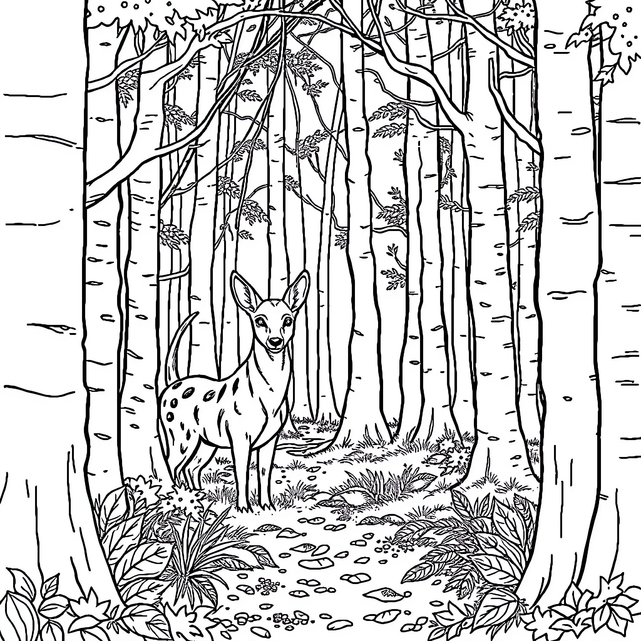 Wildlife in the Serene Forest Coloring Page (free black-and-white line drawing printable PDF for all, from beginners to advanced learners, including children, teens, adults, and seniors)