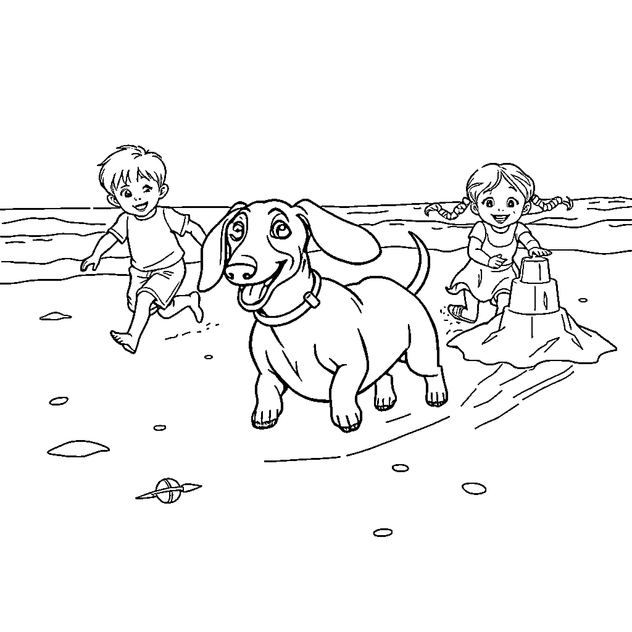 Dachshund playing with children on the beach Coloring Page (free black-and-white line drawing printable PDF for all, from beginners to advanced learners, including children, teens, adults, and seniors)