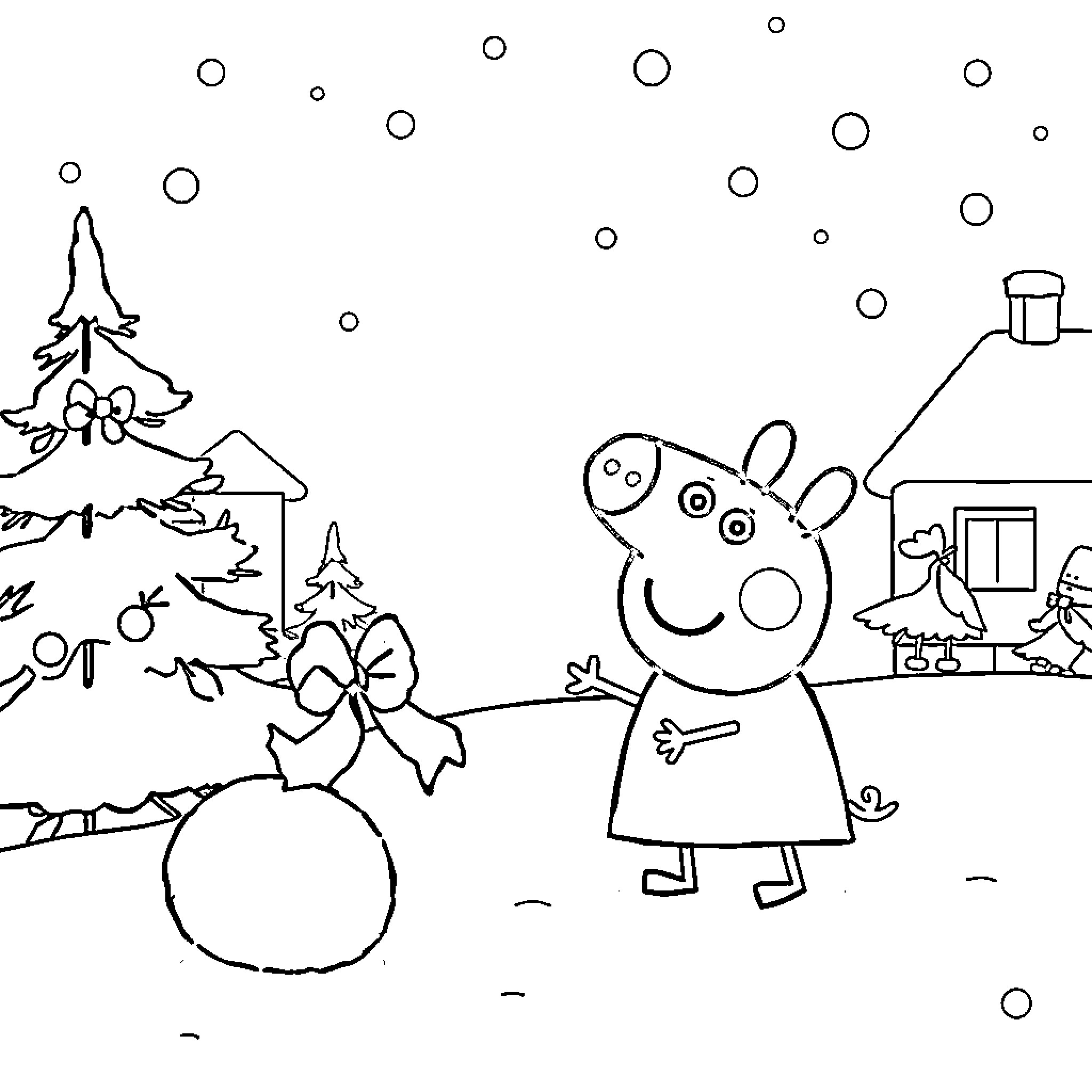Peppa Pig enjoys a snowy day Coloring Page (free black-and-white line drawing printable PDF for all, from beginners to advanced learners, including children, teens, adults, and seniors)