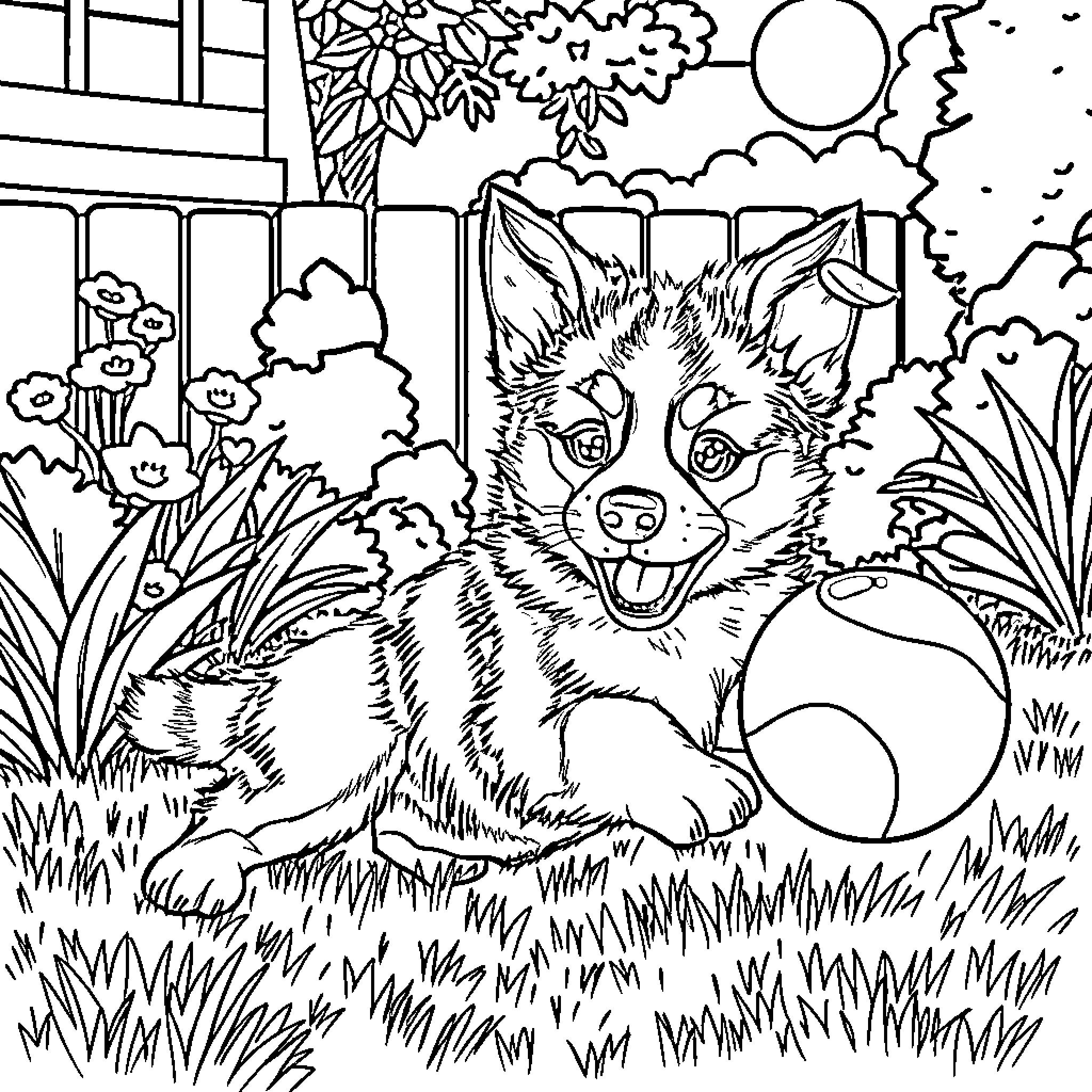 Bluey playing joyfully in the backyard Coloring Page (free black-and-white line drawing printable PDF for all, from beginners to advanced learners, including children, teens, adults, and seniors)