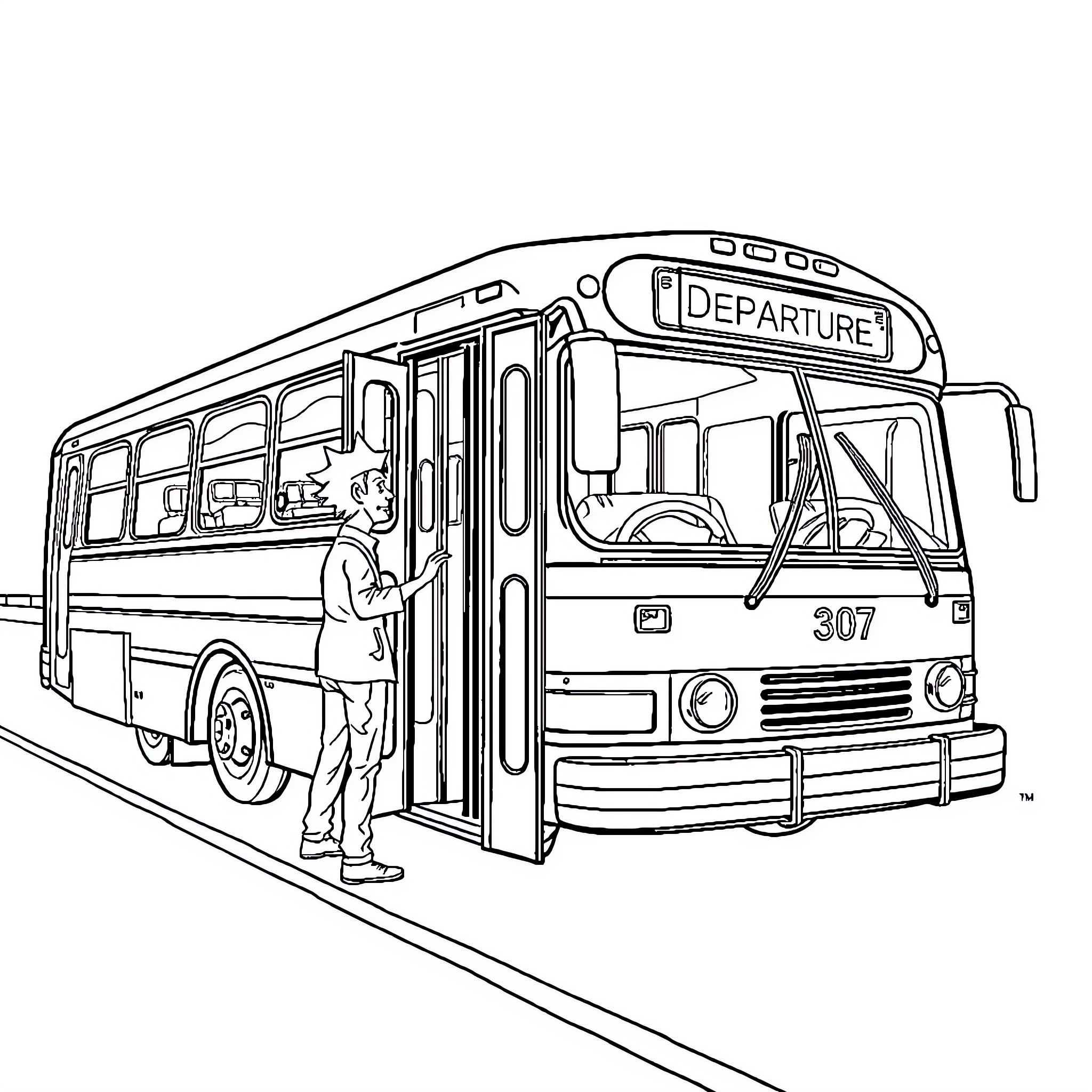Rick's Departure on the Bus Coloring Page (free black-and-white line drawing printable PDF for all, from beginners to advanced learners, including children, teens, adults, and seniors)