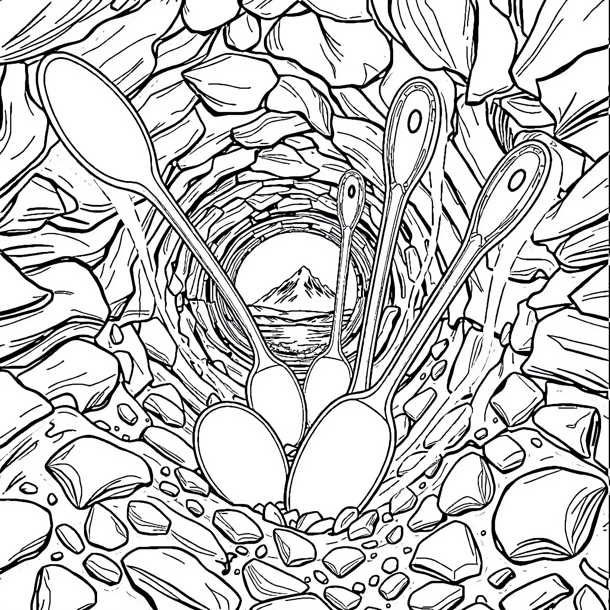 Spoon Floating in Surreal Landscape Coloring Page (free black-and-white line drawing printable PDF for all, from beginners to advanced learners, including children, teens, adults, and seniors)