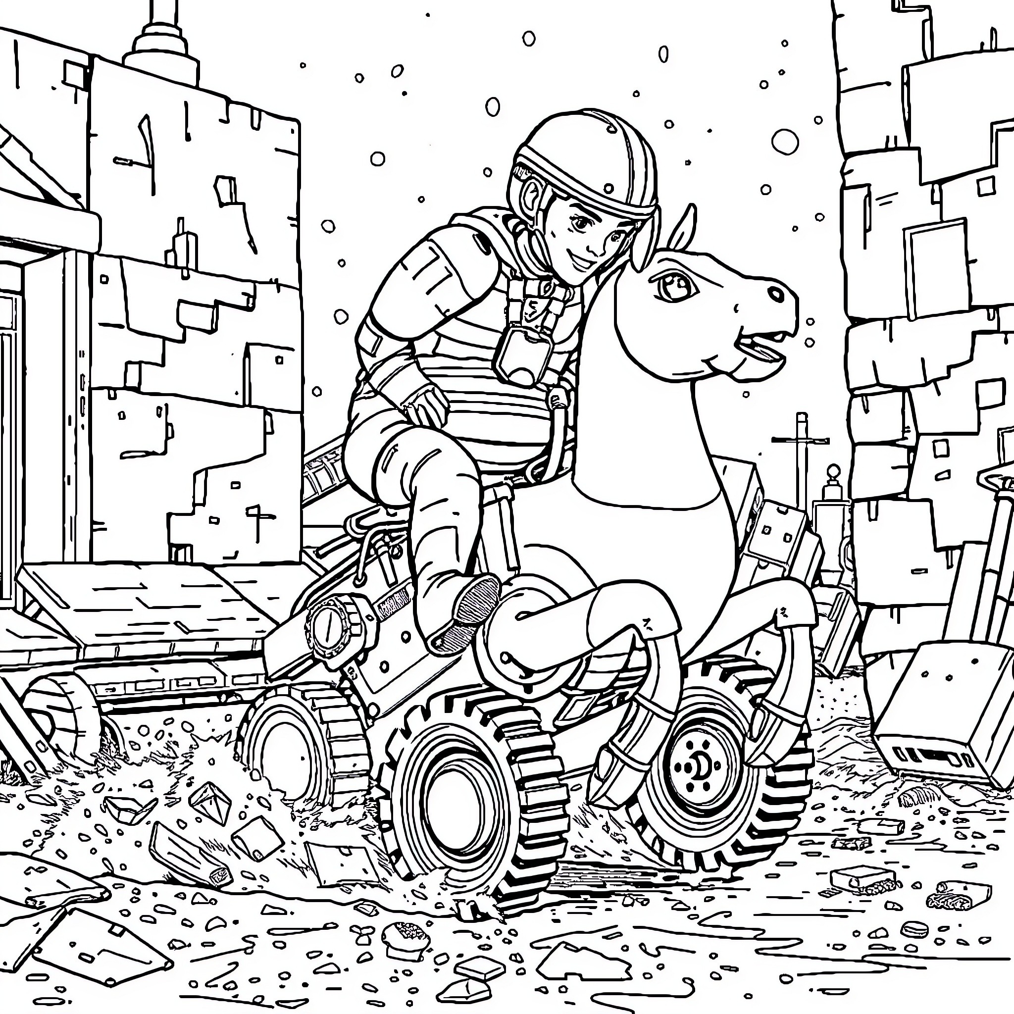 Excavator operator riding a robotic dinosaur in a ruined city Coloring Page (free black-and-white line drawing printable PDF for all, from beginners to advanced learners, including children, teens, adults, and seniors)
