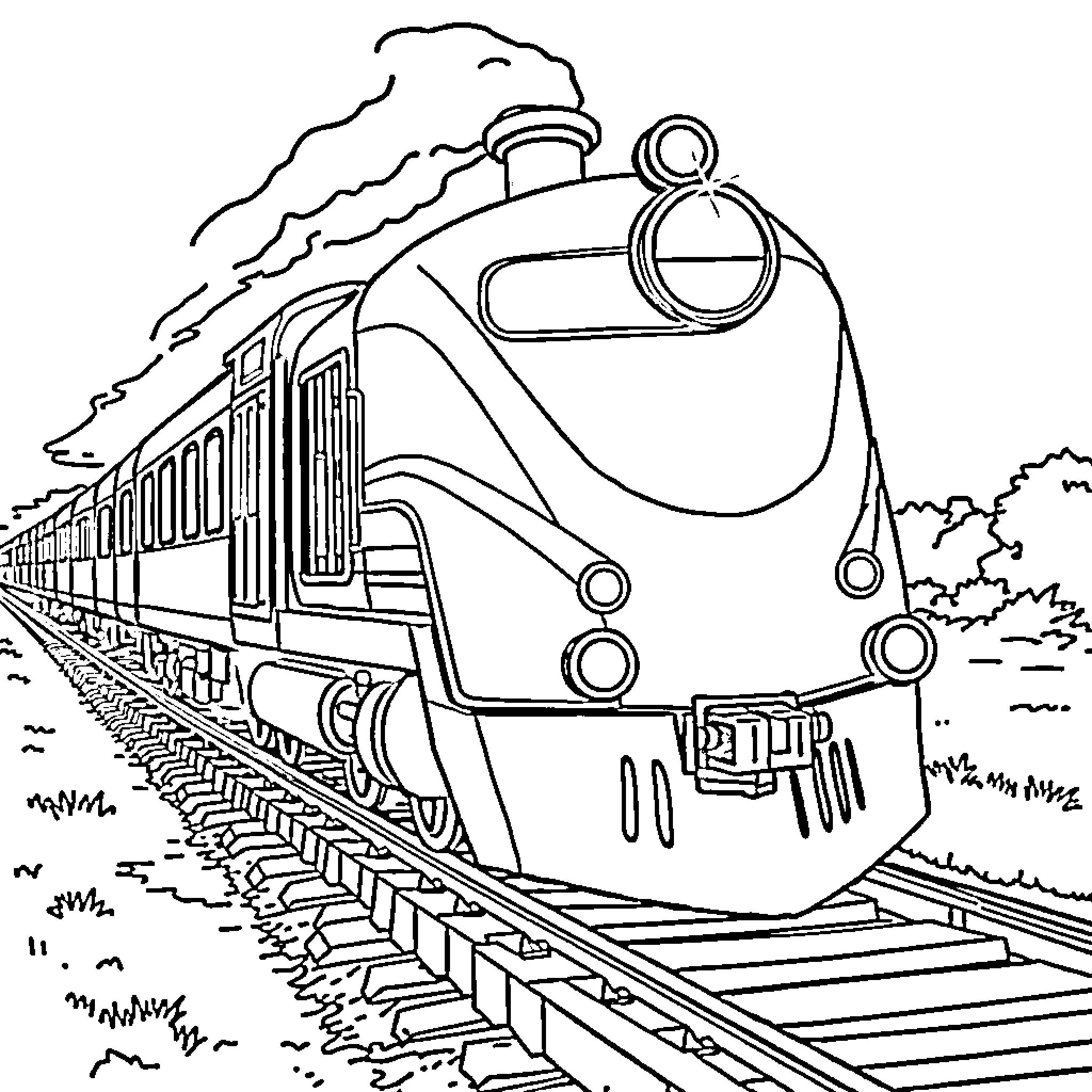 Train speeding through the countryside Coloring Page (free black-and-white line drawing printable PDF for all, from beginners to advanced learners, including children, teens, adults, and seniors)