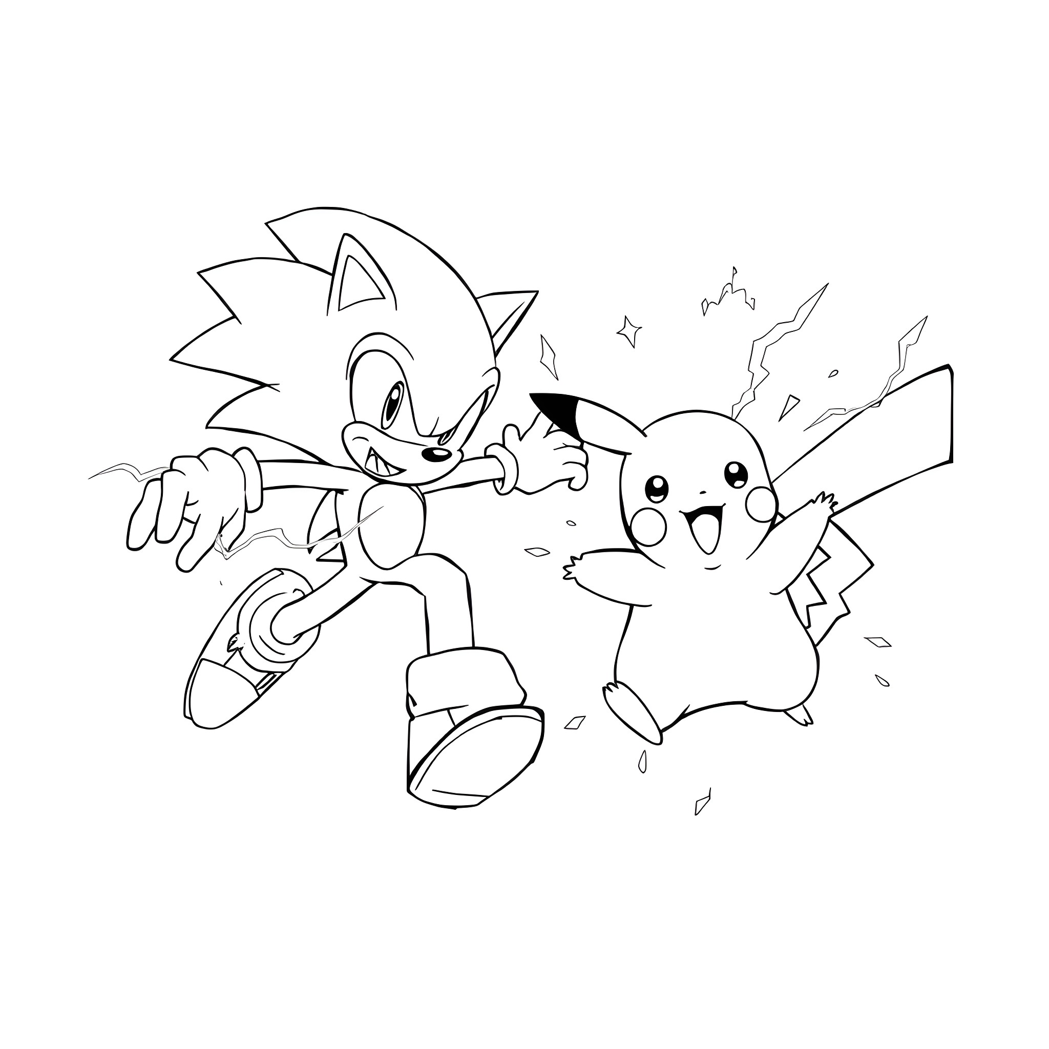 Sonic and Pikachu in action Coloring Page (free black-and-white line drawing printable PDF for all, from beginners to advanced learners, including children, teens, adults, and seniors)