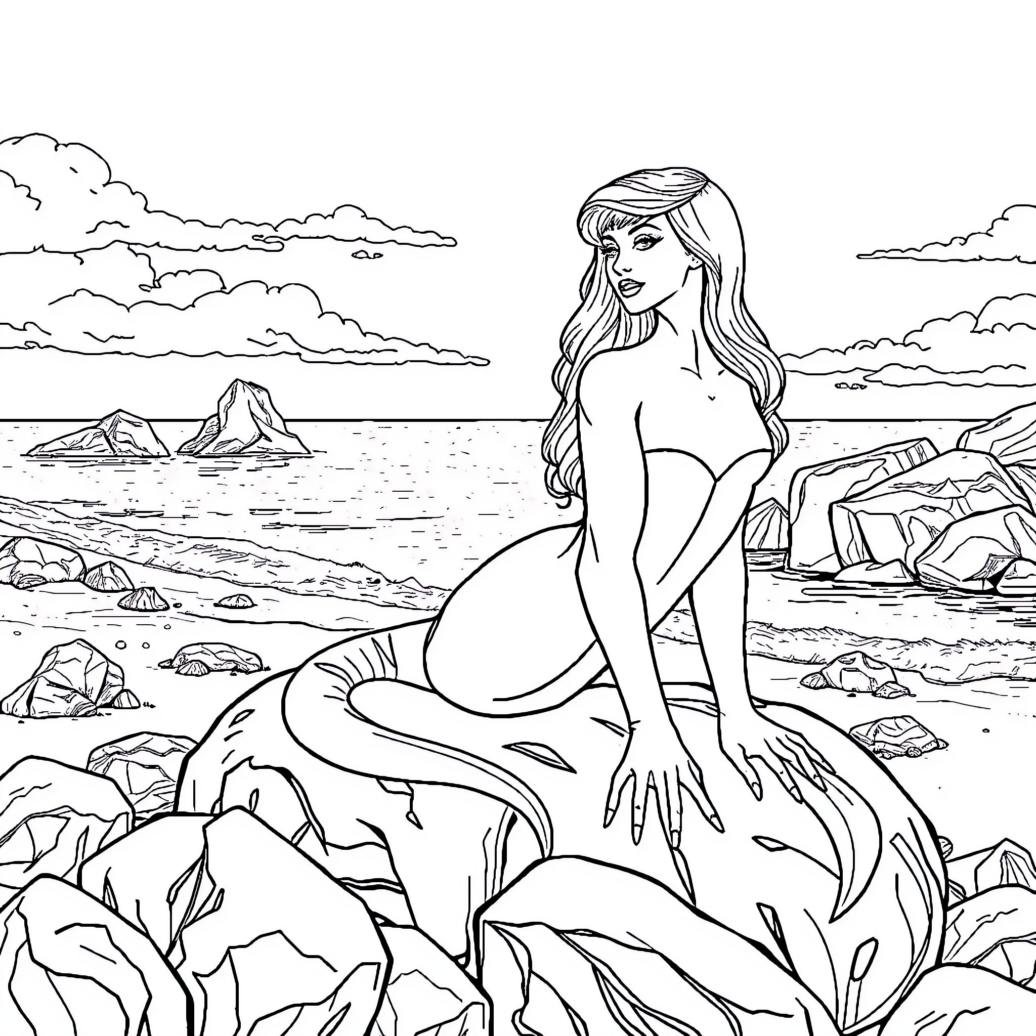 Mermaid sitting on rocks along the shoreline Coloring Page (free black-and-white line drawing printable PDF for all, from beginners to advanced learners, including children, teens, adults, and seniors)