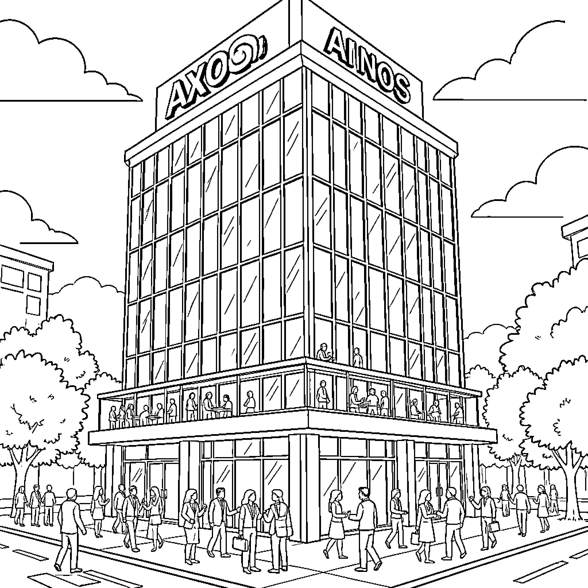 Business Center with Crowd of People at Entrance Coloring Page (free black-and-white line drawing printable PDF for all, from beginners to advanced learners, including children, teens, adults, and seniors)
