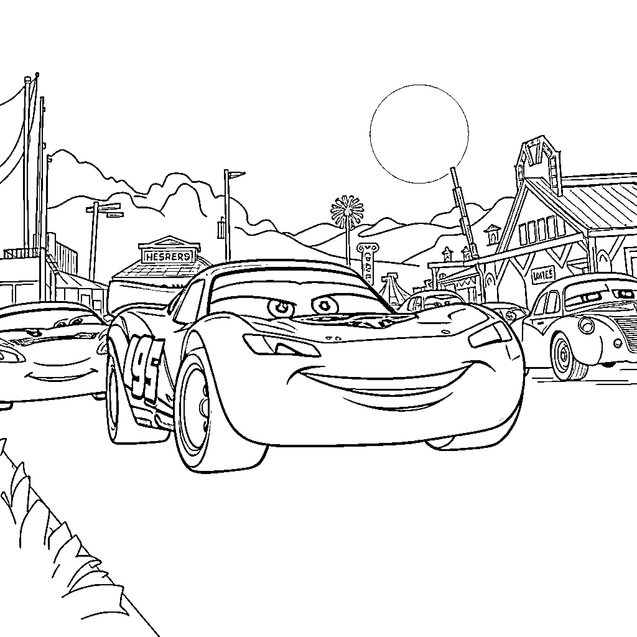 Lightning McQueen racing through a town with mountains Coloring Page (free black-and-white line drawing printable PDF for all, from beginners to advanced learners, including children, teens, adults, and seniors)