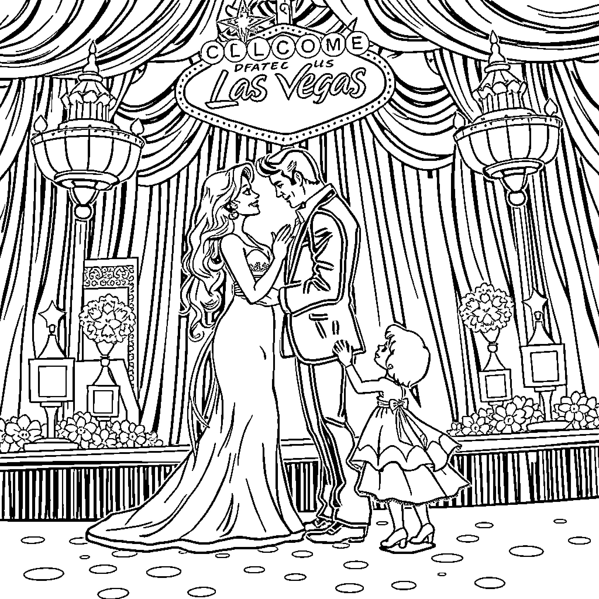 Boda: Elegant couple at a Las Vegas wedding chapel Coloring Page (free black-and-white line drawing printable PDF for all, from beginners to advanced learners, including children, teens, adults, and seniors)