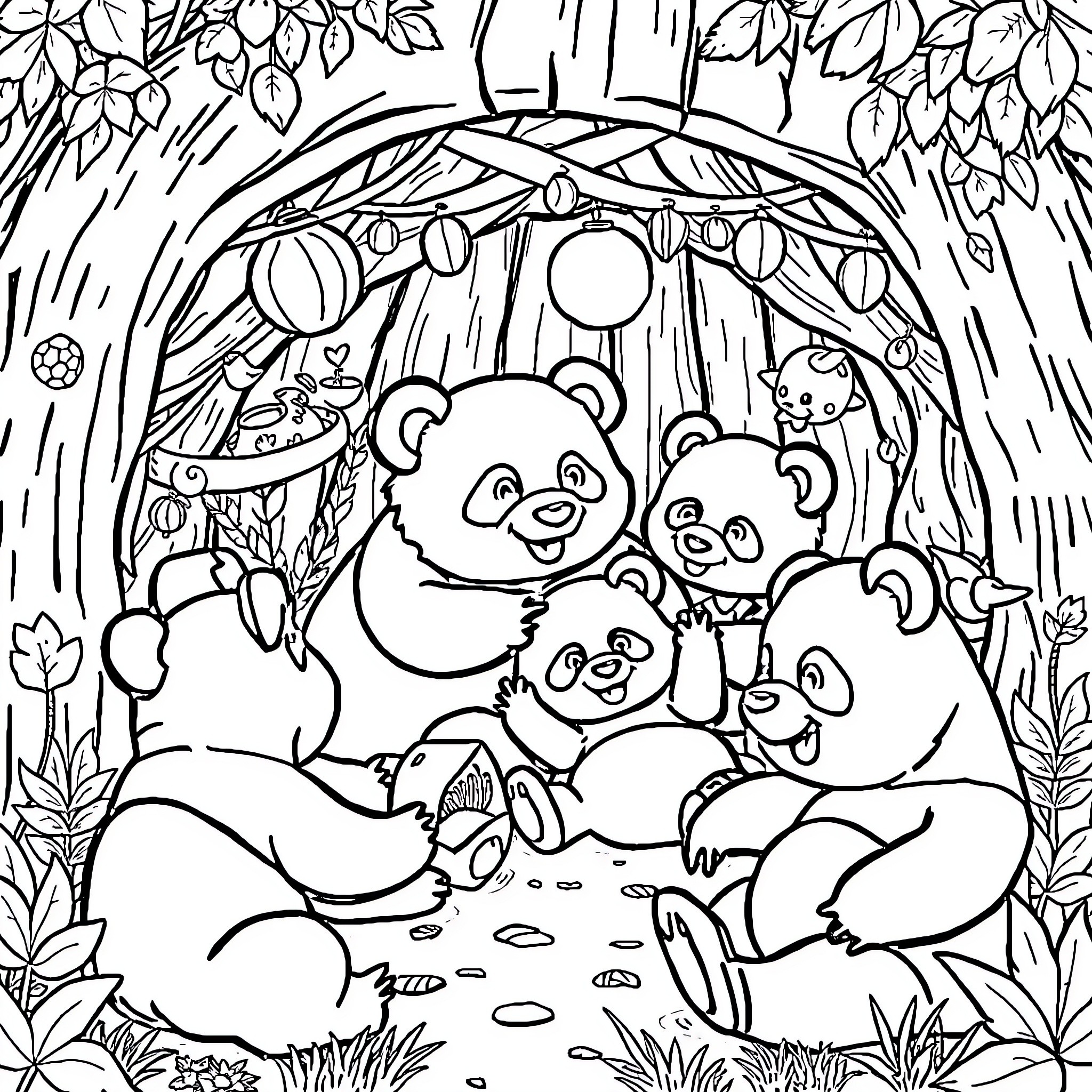 Panda family playing in the forest Coloring Page (free black-and-white line drawing printable PDF for all, from beginners to advanced learners, including children, teens, adults, and seniors)
