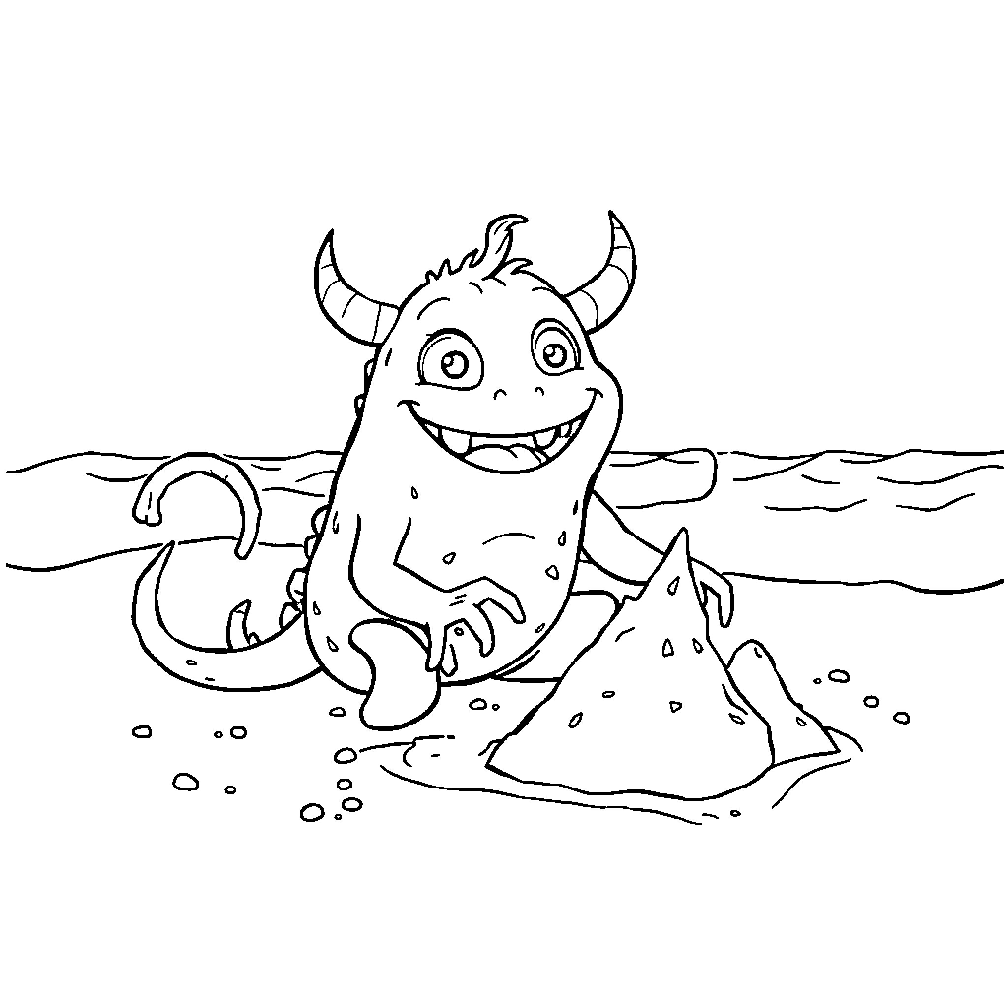 Monster playing happily in the sand Coloring Page (free black-and-white line drawing printable PDF for all, from beginners to advanced learners, including children, teens, adults, and seniors)