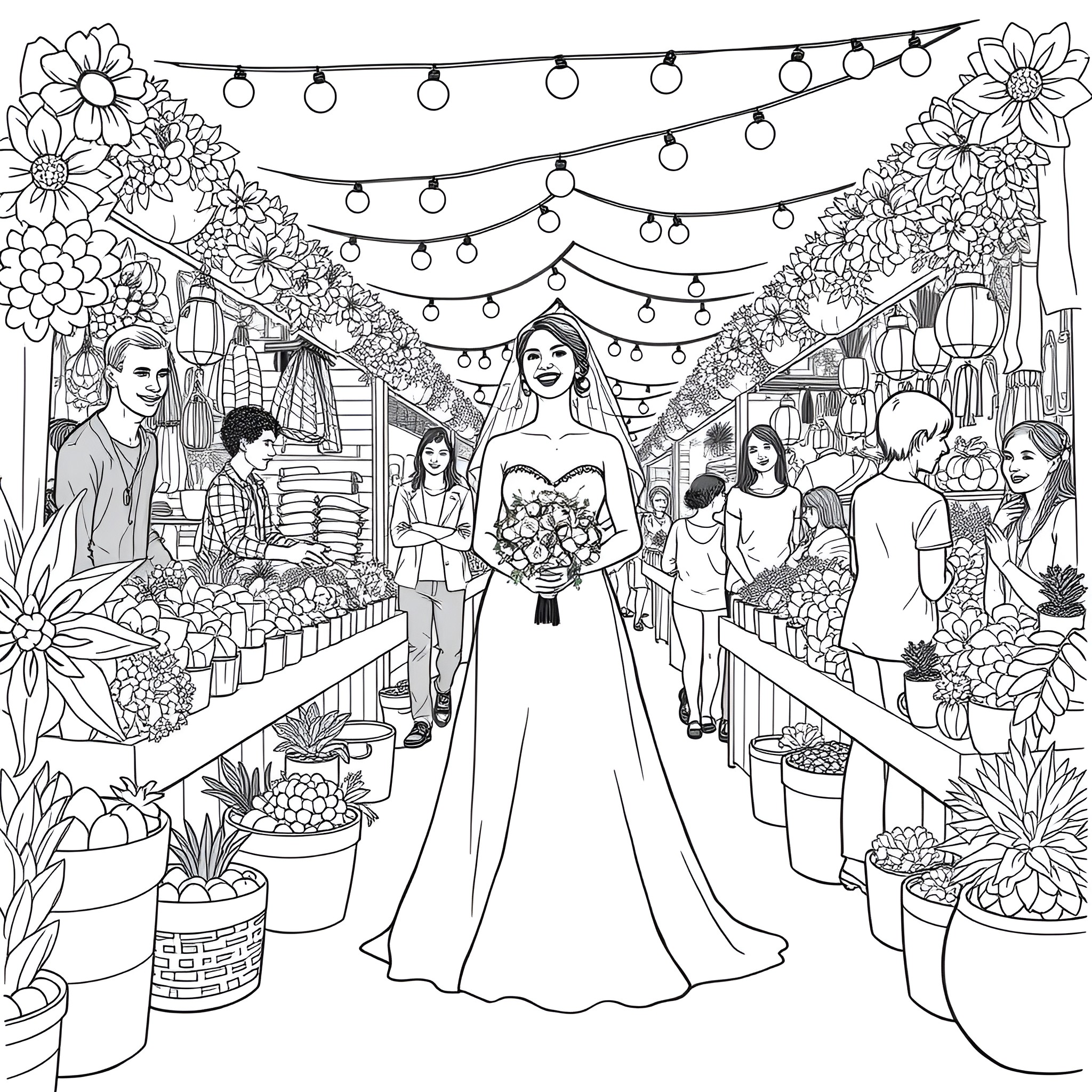 Bride's Enchanting Wedding Celebration Coloring Page (free black-and-white line drawing printable PDF for all, from beginners to advanced learners, including children, teens, adults, and seniors)