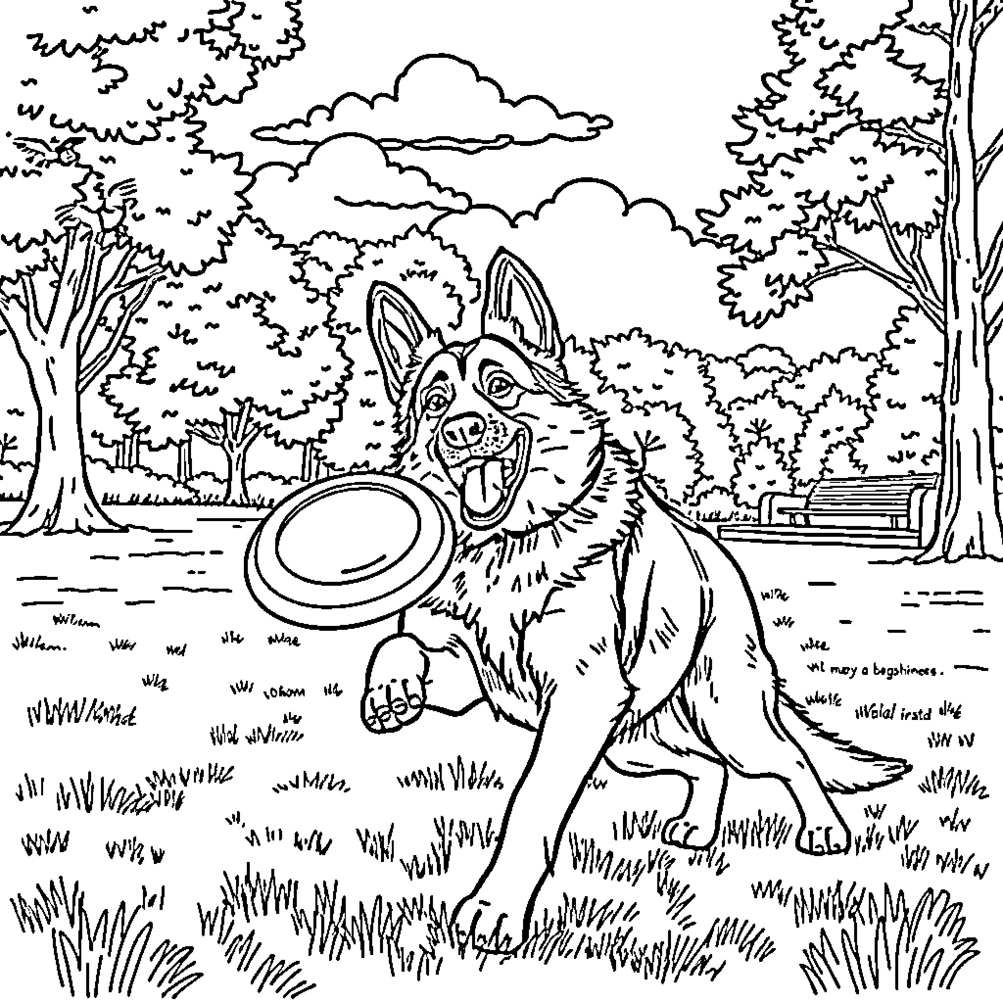 German Shepherd playing with a frisbee in the park Coloring Page (free black-and-white line drawing printable PDF for all, from beginners to advanced learners, including children, teens, adults, and seniors)