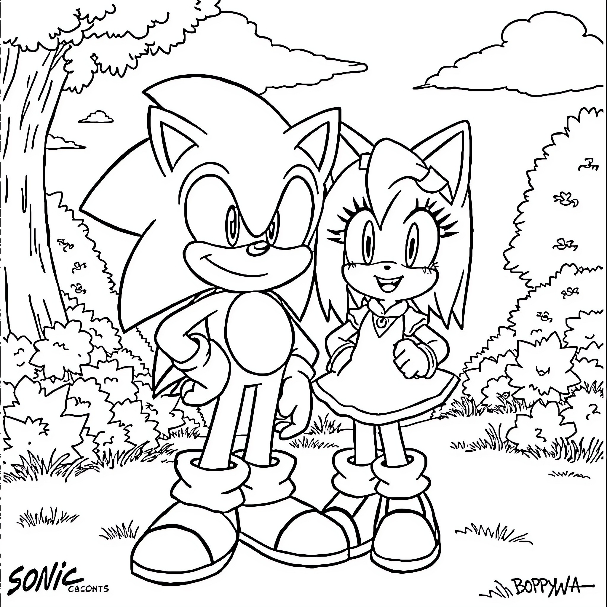 Sonic and Amy in a Lush Outdoor Scene Coloring Page (free black-and-white line drawing printable PDF for all, from beginners to advanced learners, including children, teens, adults, and seniors)