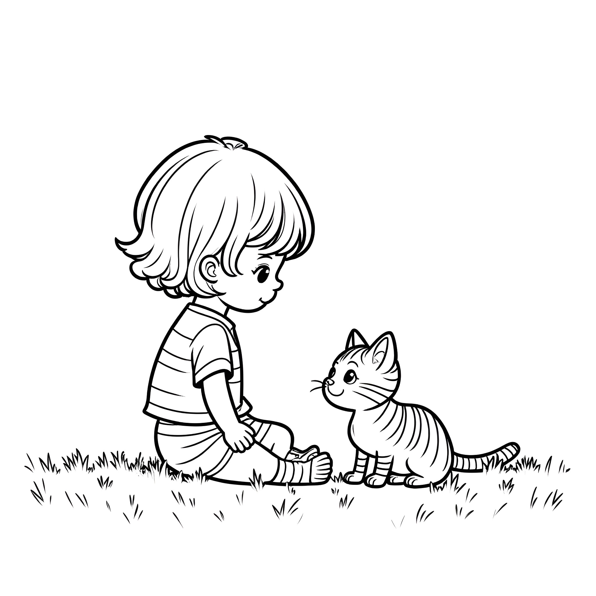 Girl playing with a kitten in the grass Coloring Page (free black-and-white line drawing printable PDF for all, from beginners to advanced learners, including children, teens, adults, and seniors)