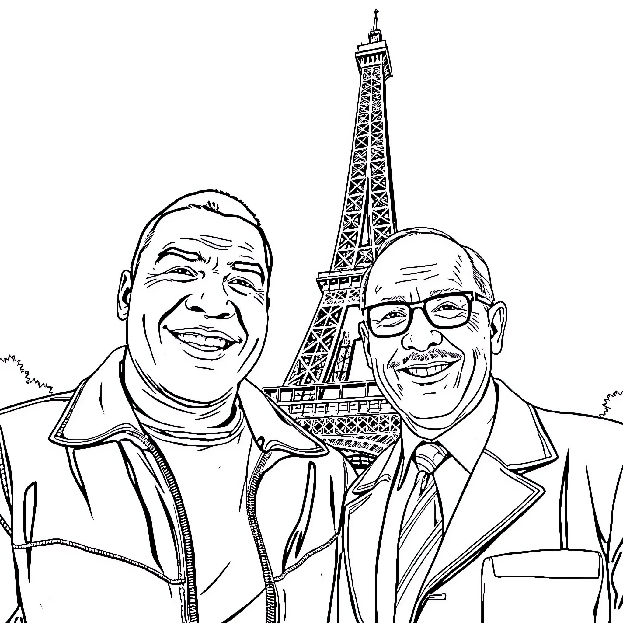 Mike Tyson and friend visiting the Eiffel Tower Coloring Page (free black-and-white line drawing printable PDF for all, from beginners to advanced learners, including children, teens, adults, and seniors)