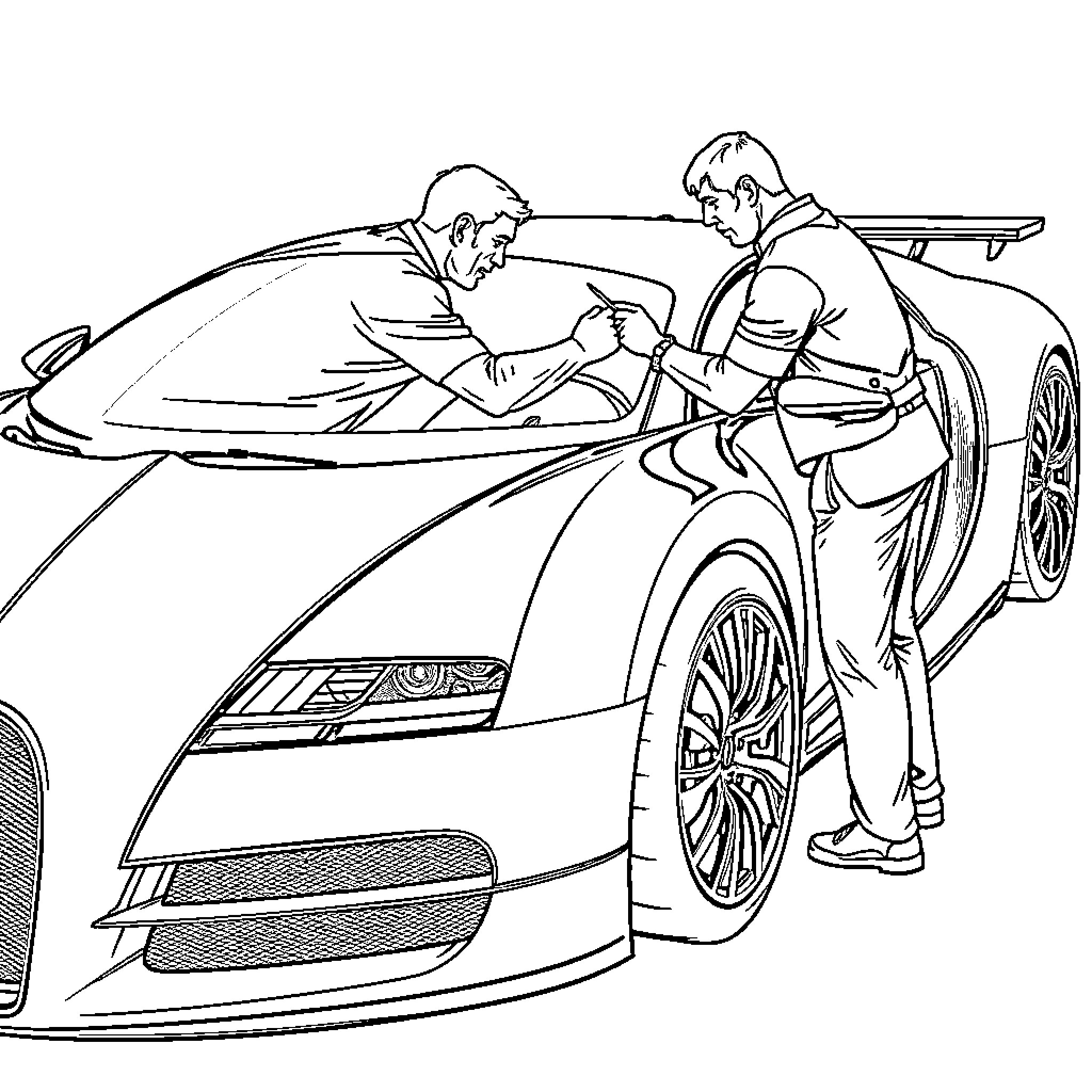 Man Inspecting and Repairing Futuristic Sports Car Coloring Page (free black-and-white line drawing printable PDF for all, from beginners to advanced learners, including children, teens, adults, and seniors)