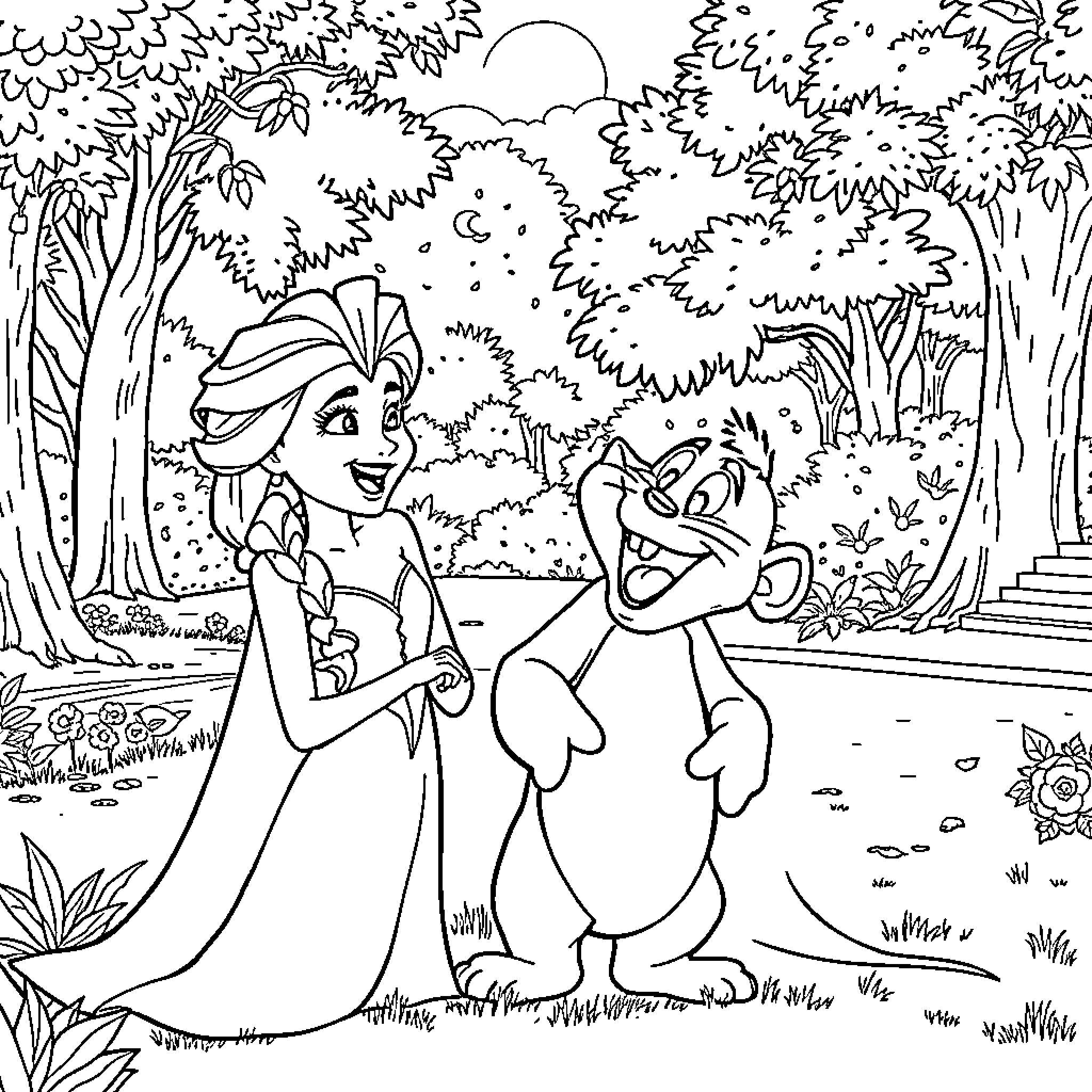 Elsa enjoying a walk with her snowman friend in the forest Coloring Page (free black-and-white line drawing printable PDF for all, from beginners to advanced learners, including children, teens, adults, and seniors)