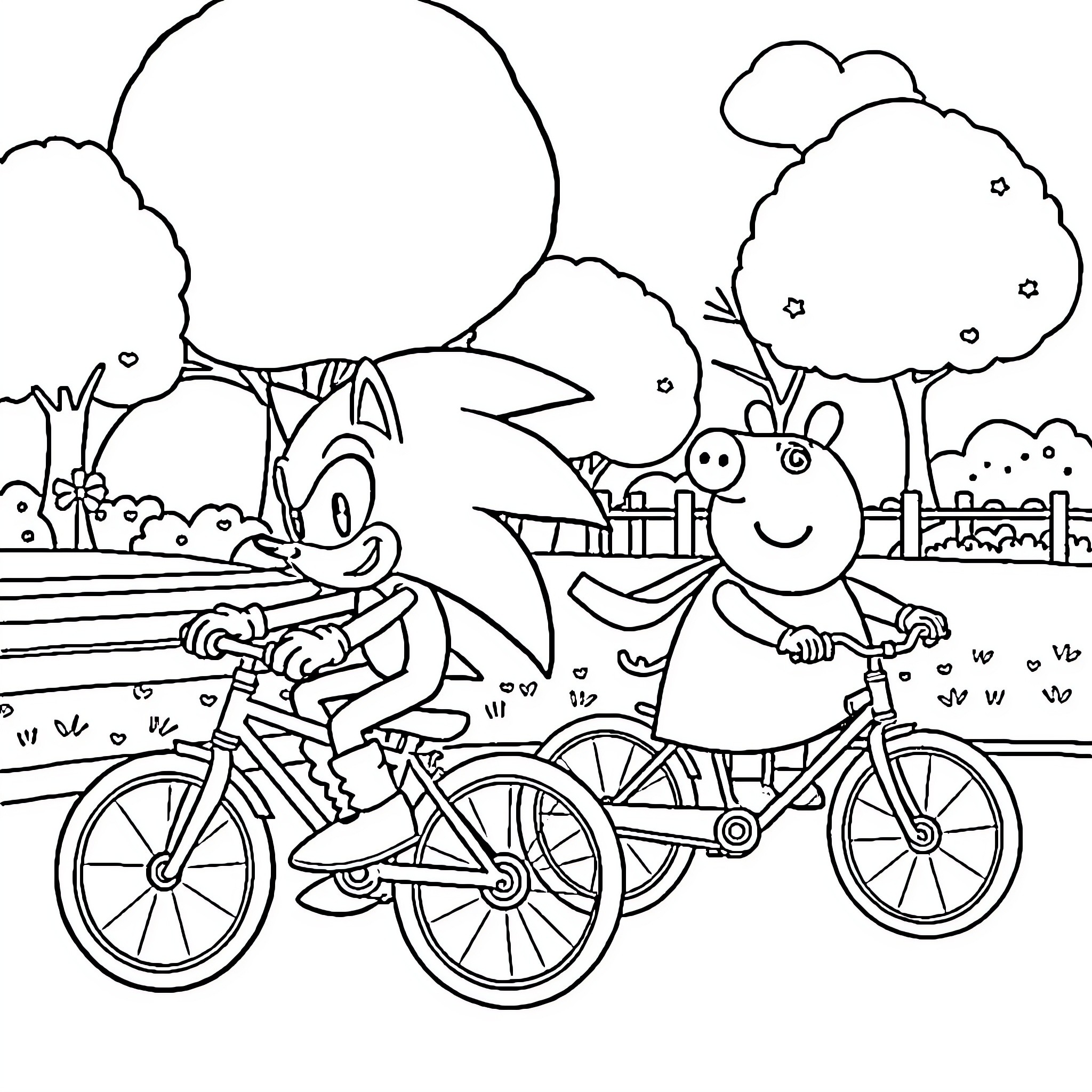 Sonic characters on a bicycle adventure in the park Coloring Page (free black-and-white line drawing printable PDF for all, from beginners to advanced learners, including children, teens, adults, and seniors)