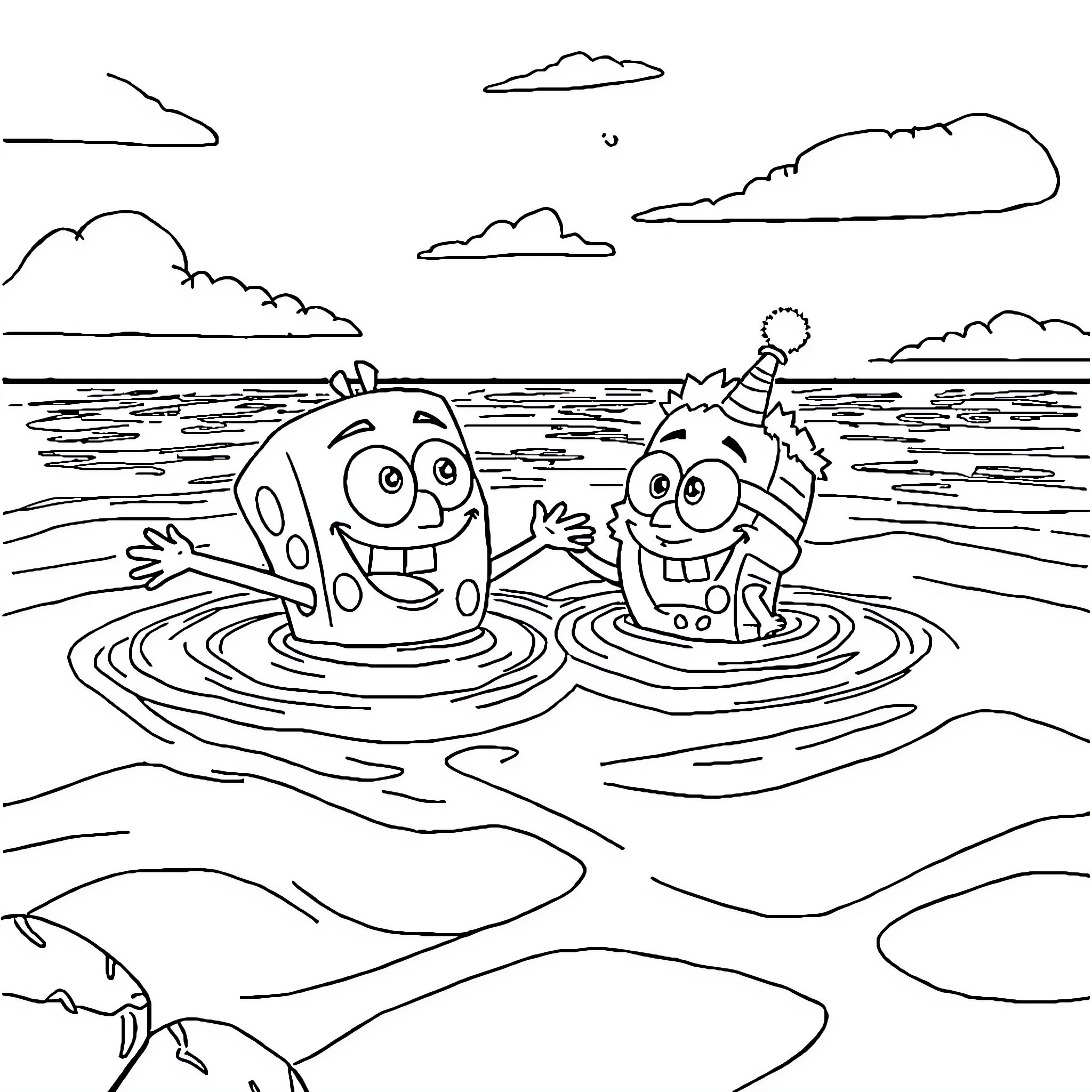 Spongebob and Patrick playing in the ocean Coloring Page (free black-and-white line drawing printable PDF for all, from beginners to advanced learners, including children, teens, adults, and seniors)