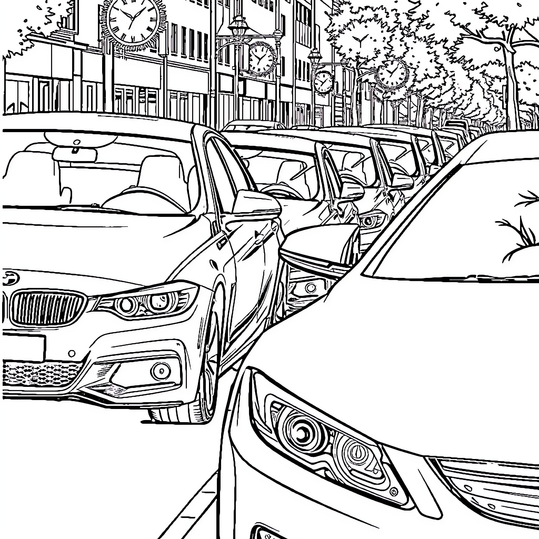 Car traffic on city street with clocks Coloring Page (free black-and-white line drawing printable PDF for all, from beginners to advanced learners, including children, teens, adults, and seniors)