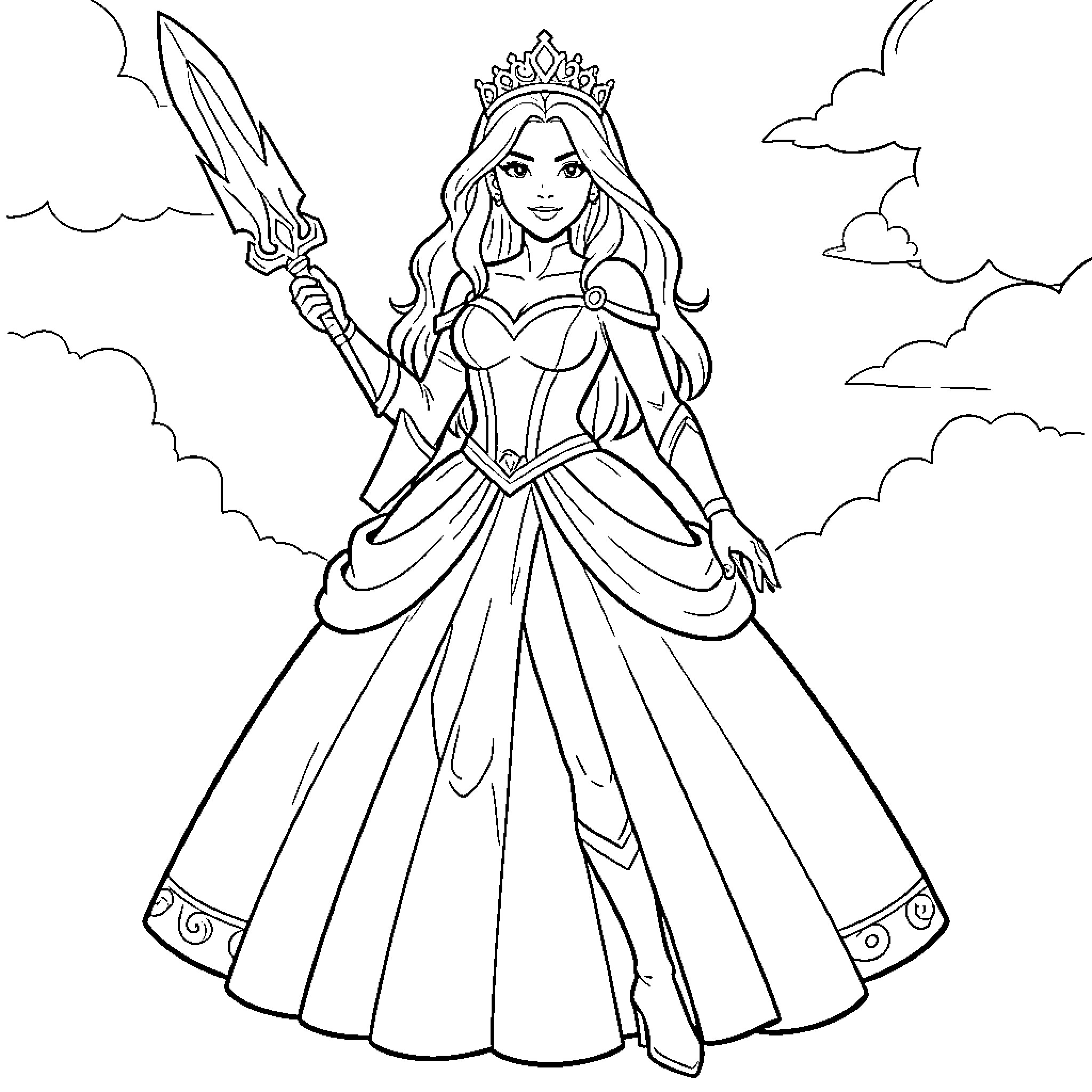 Marvel Princess wearing a crown and holding a spear Coloring Page (free black-and-white line drawing printable PDF for all, from beginners to advanced learners, including children, teens, adults, and seniors)