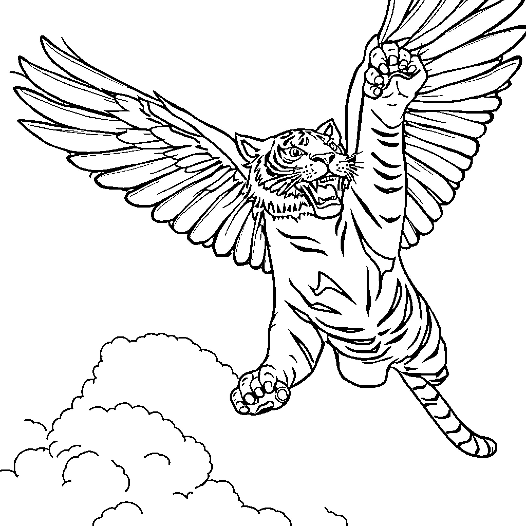 Flying Tiger Soaring with Majestic Wings Coloring Page (free black-and-white line drawing printable PDF for all, from beginners to advanced learners, including children, teens, adults, and seniors)
