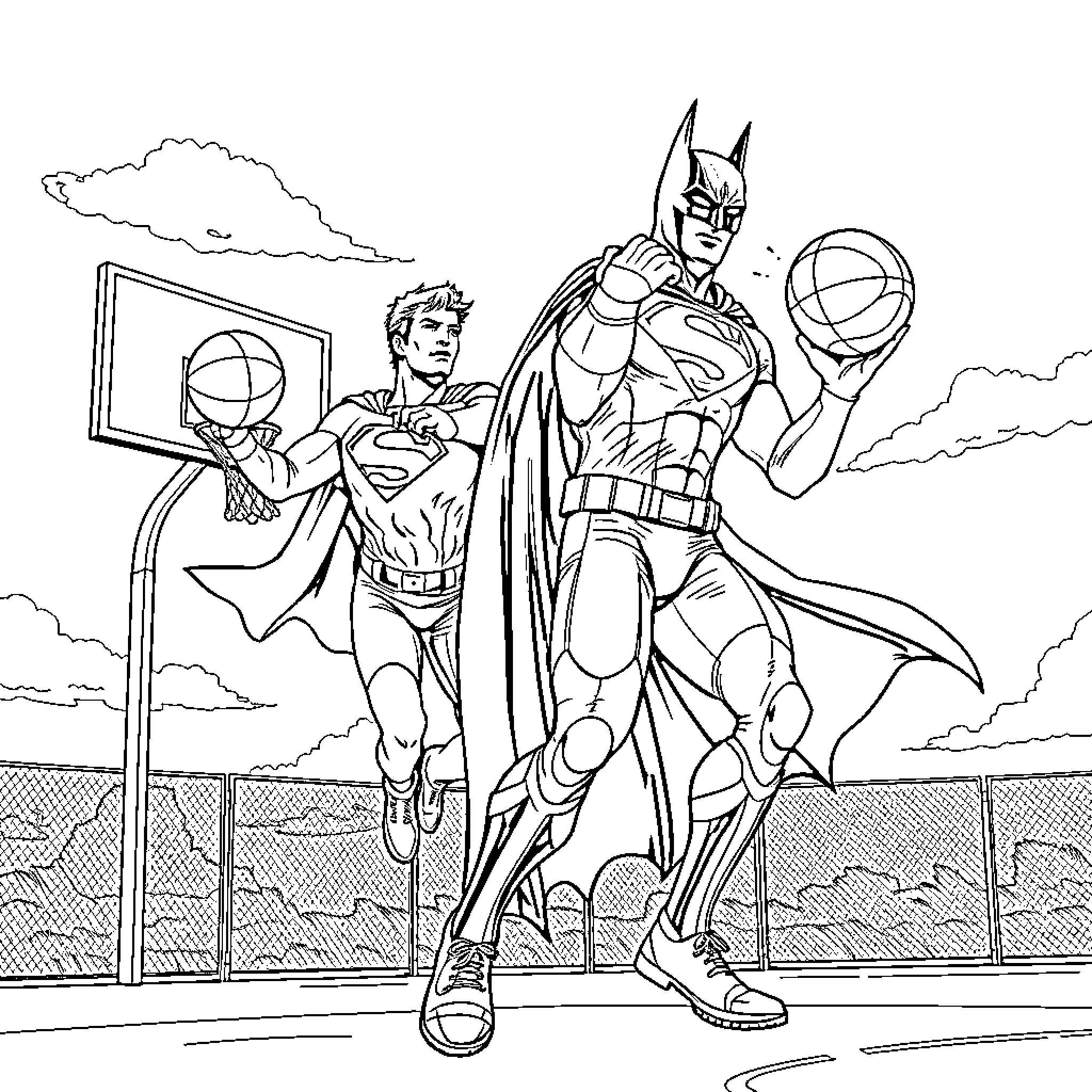 Superman, Batman, and Spiderman in action on the basketball court Coloring Page (free black-and-white line drawing printable PDF for all, from beginners to advanced learners, including children, teens, adults, and seniors)