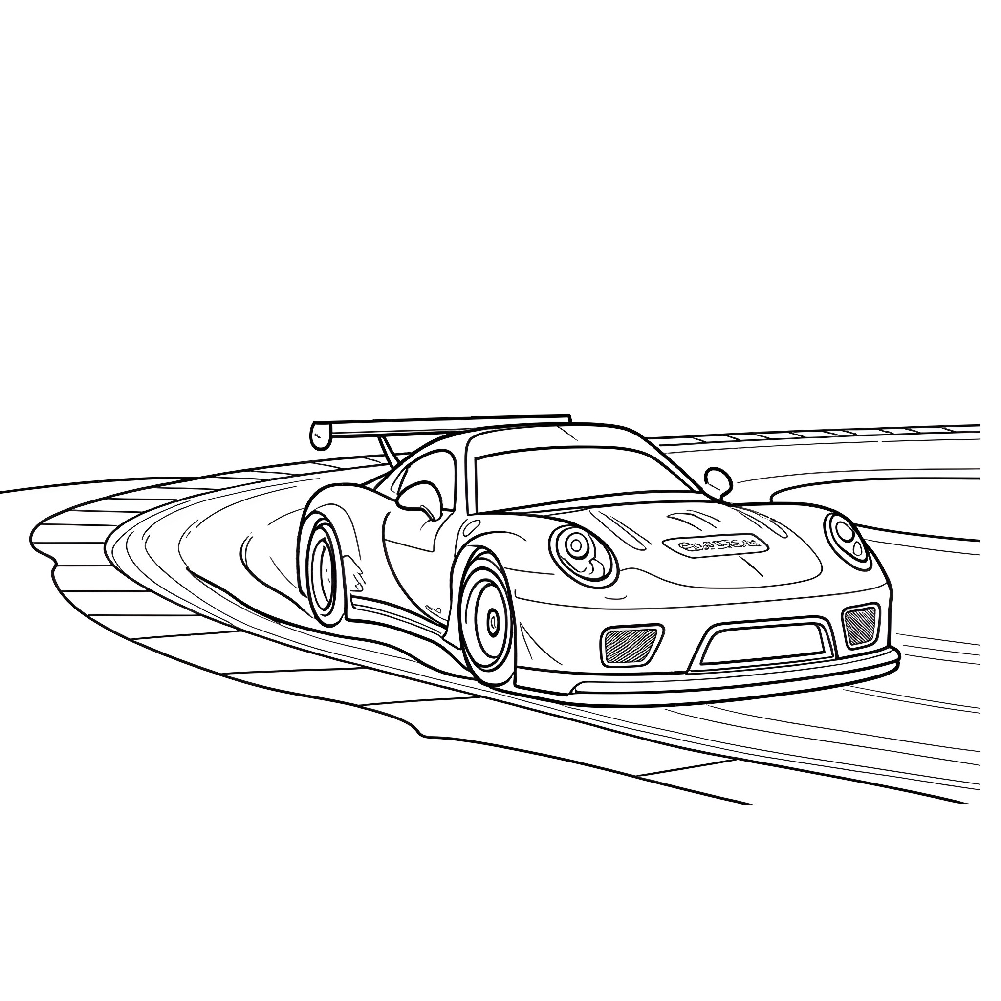 Porsche racing car speeding on the track Coloring Page (free black-and-white line drawing printable PDF for all, from beginners to advanced learners, including children, teens, adults, and seniors)